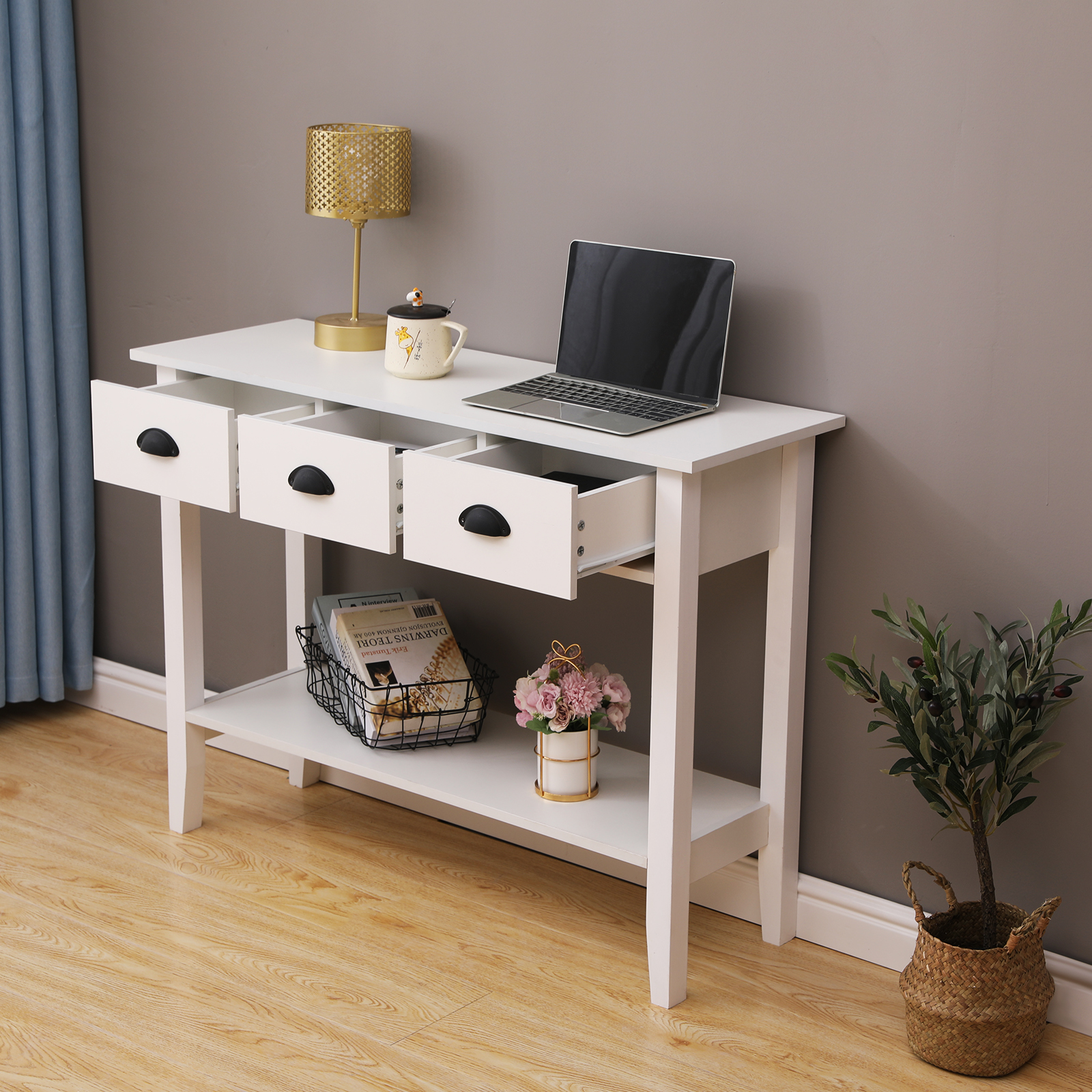 White Console Table 3 Drawer w/Shelf Dressing Table Hallway Hall Table