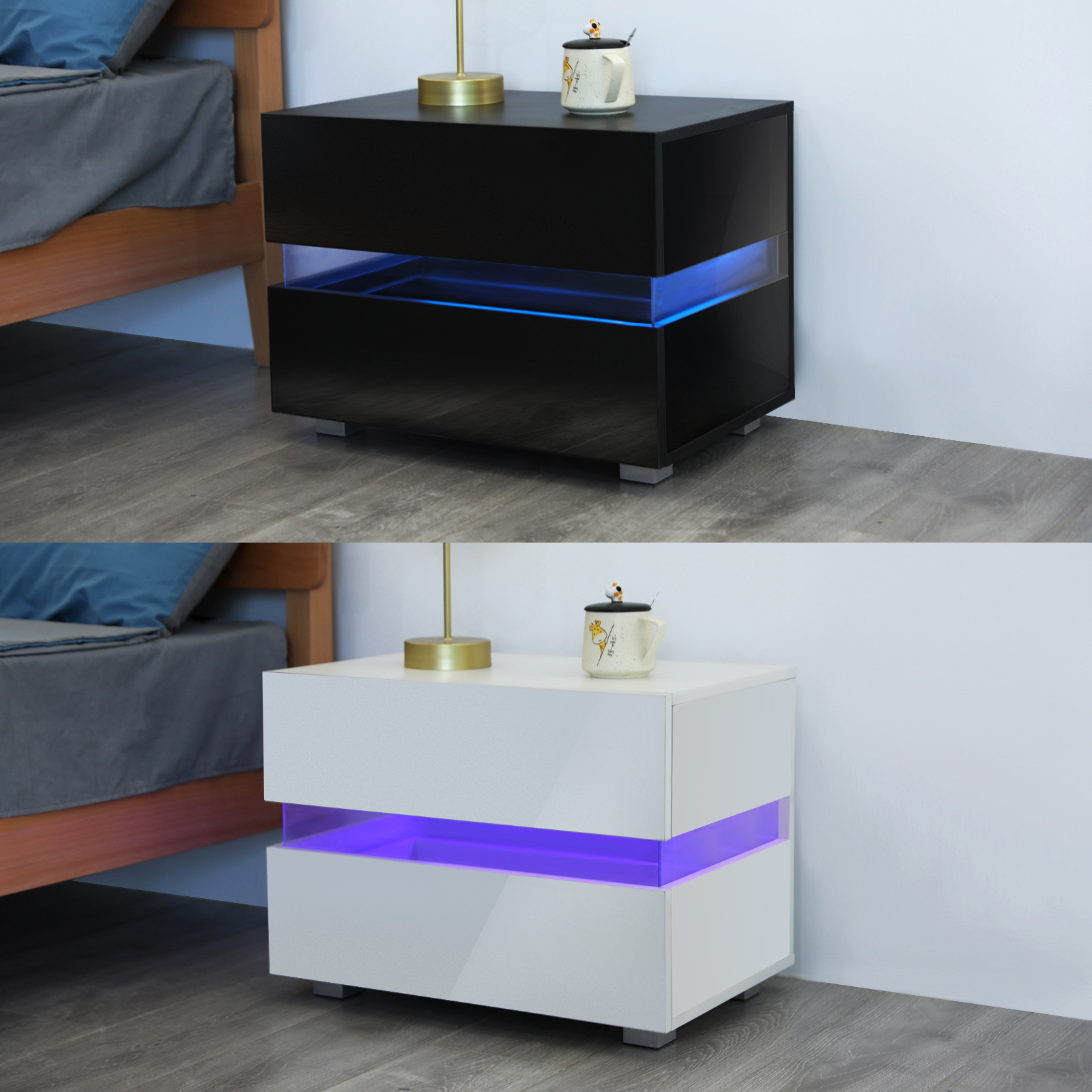 Led Table De Chevet Table De Nuit Haute Brillance Avec 2 Tiroirs Noir Blanc Ebay