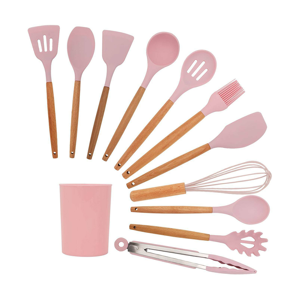 12pcs Various Colors Silicone Kitchenware Set,Spatula Set With Wooden Handle J4