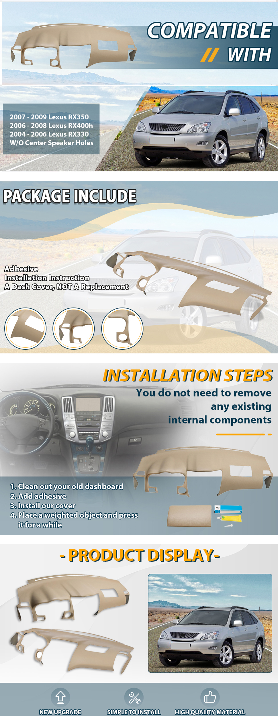 Dashskin Molded Dash Cover Compatible with Lexus RX330 RX350 RX400h in Black (USA Made) w/Center Speaker Holes