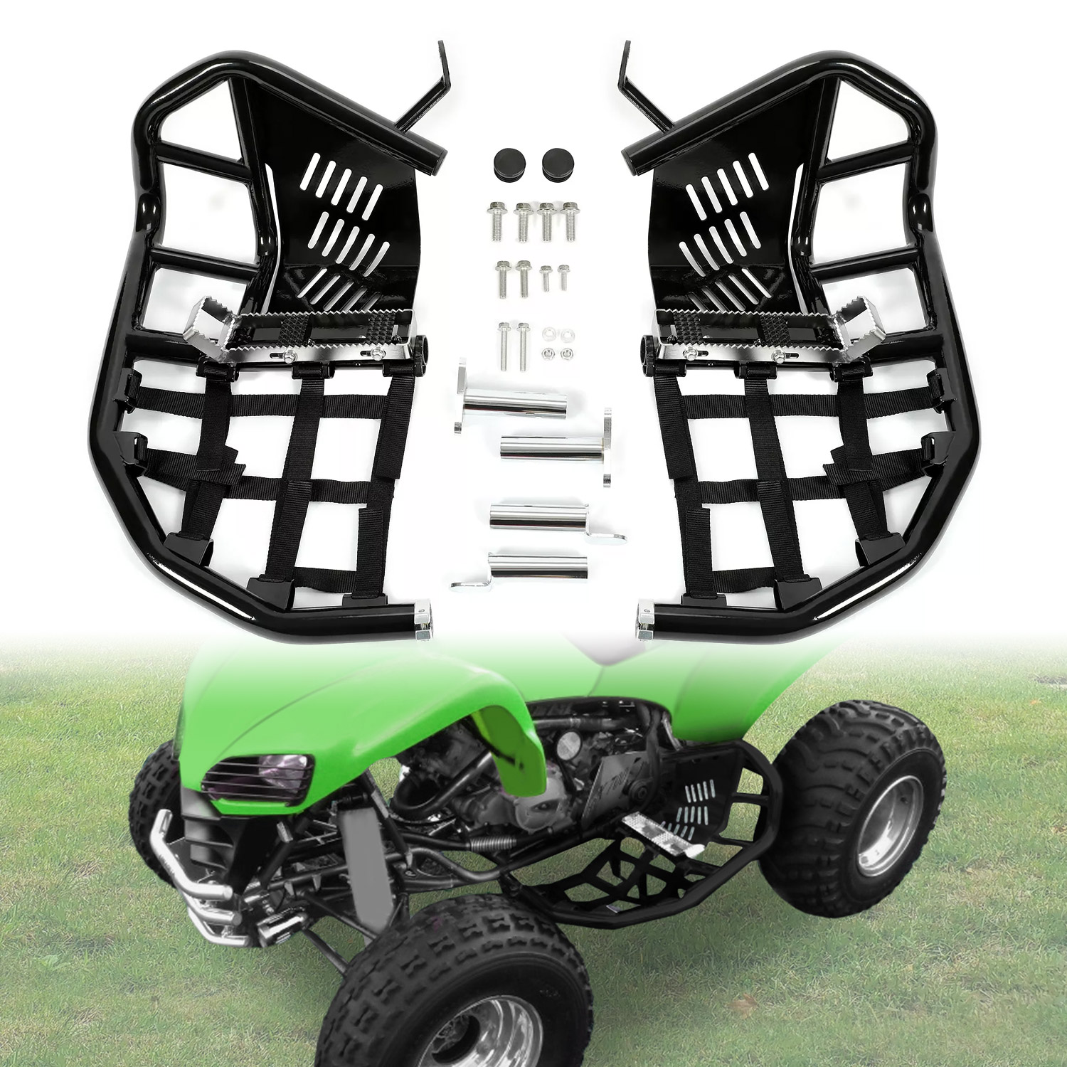 【W400】 ATK-F-7B Pair Of Black Aluminum Nerf Bars W/Hardware For Kawasaki KFX 700