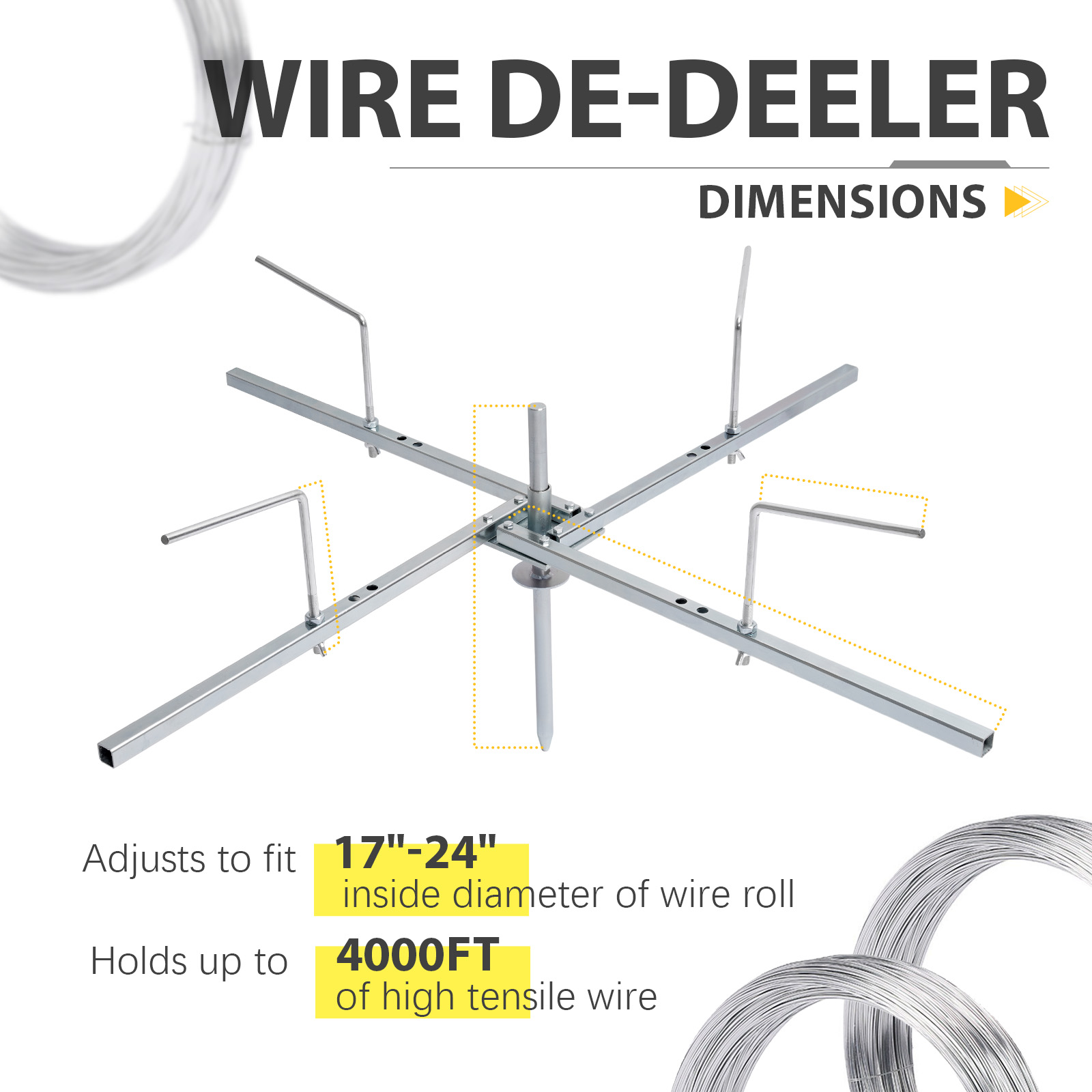 Spinning Jenny Fence Wire De-Reeler – Adjustable Bracket With Wrench, Fits 18.9"–41.3" Coils, Brake System, Heavy-Duty For Farm, Garden & Security Fencing
