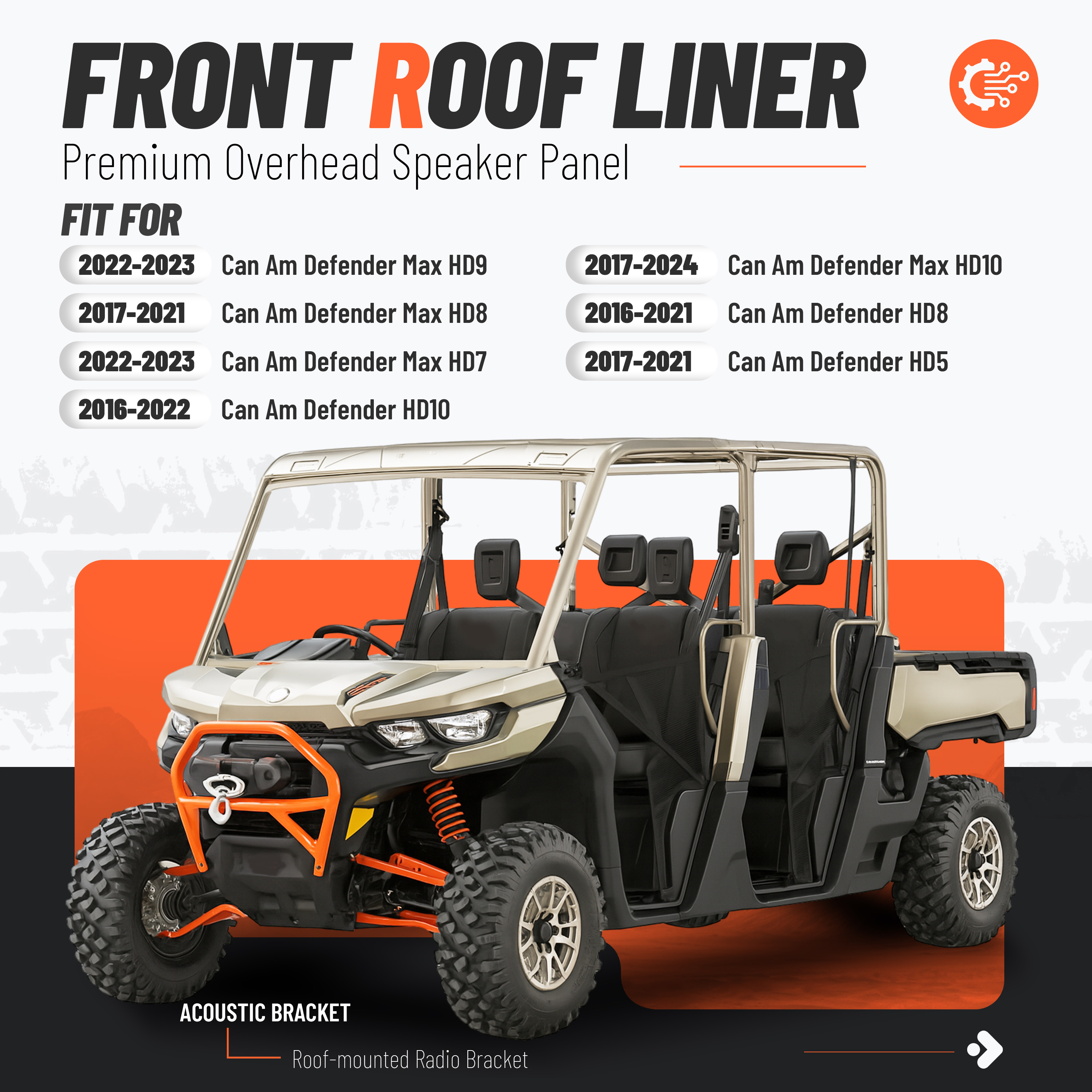 Front Roof Liner for Can Am Defender HD5/7/8/9/10 XT 2016-24 ATV