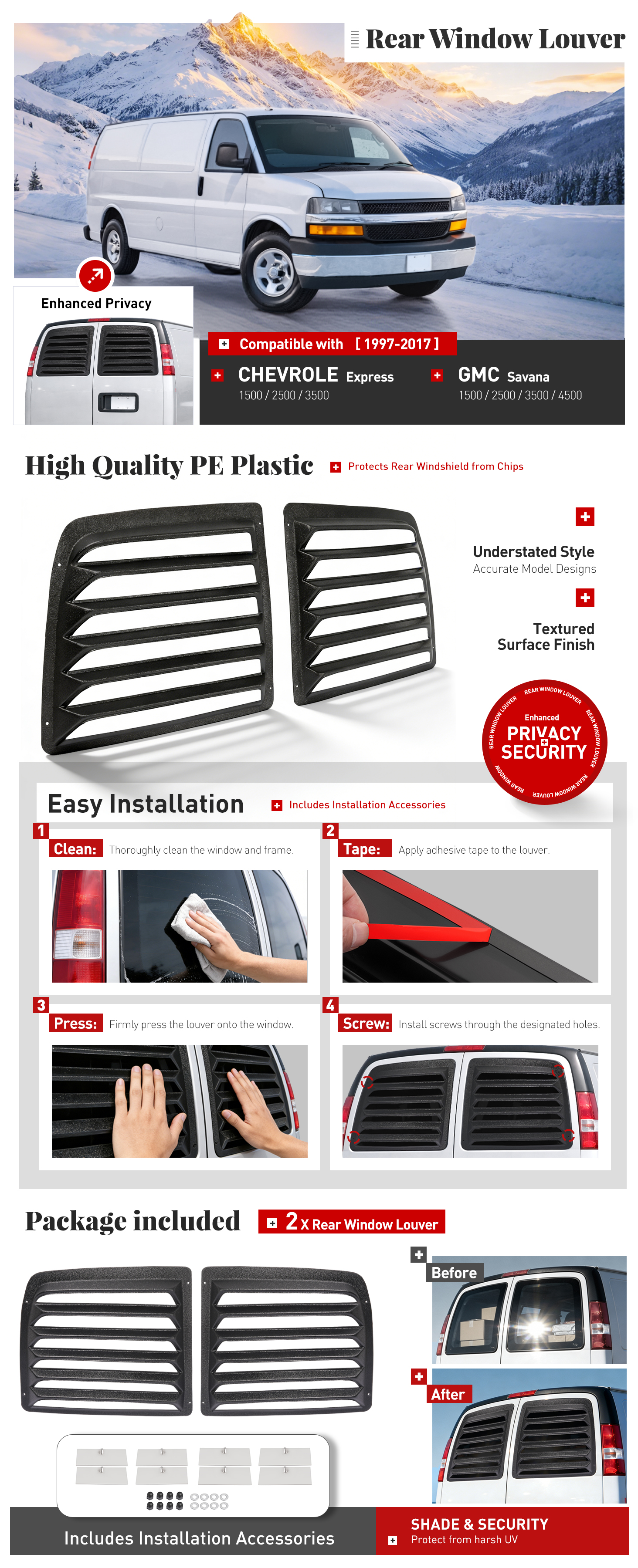Rear Window Louver Sun Shade For 97-17 Chevy Express GMC Savana