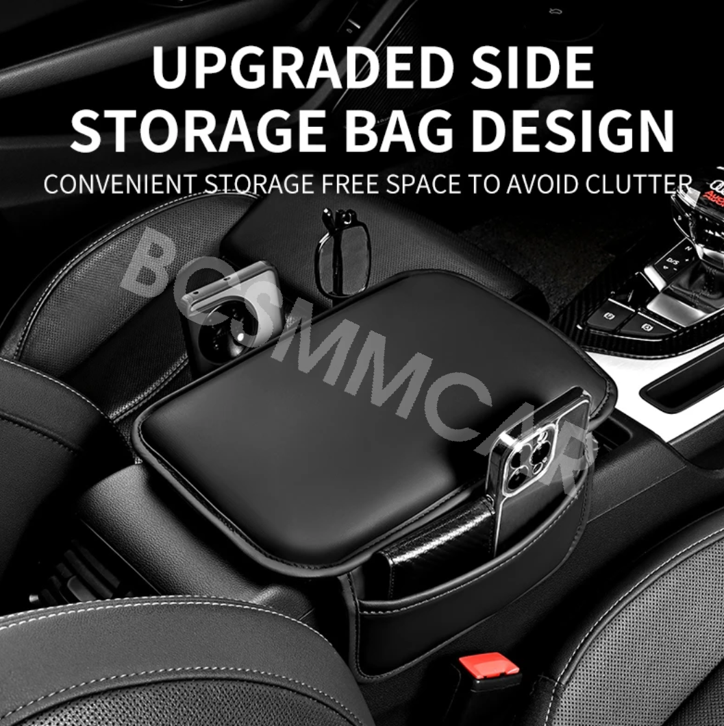 Black Leather Car Armrest Storage Pad – Universal Fit, Cushion Protector With Sponge Interior