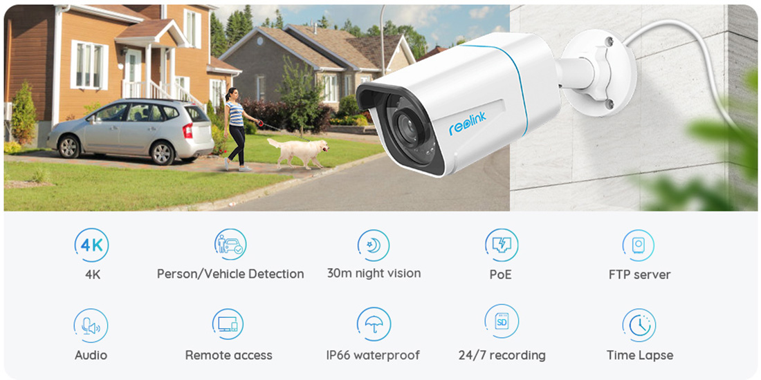 Reolink 4K PoE Outdoor camera Infrared Night Vision Bullet IP Camera with  Human/Car Detection Audio Record 24/7 Record RLC-810A