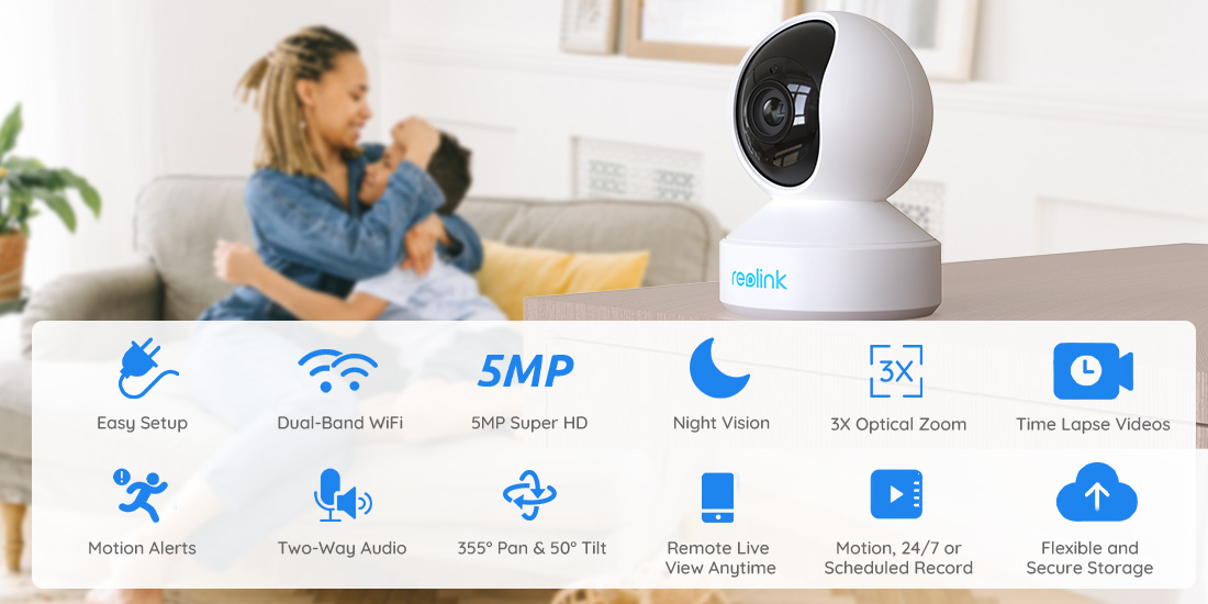 REOLINK Indoor Security Camera, 5MP Super HD Plug-in WiFi Camera with PTZ,  Auto Tracking, Human/Pet AI, Ideal for Baby Monitor/Pet Camera/Home  Security, Dual Band WiFi, Local Storage, E1 Zoom White