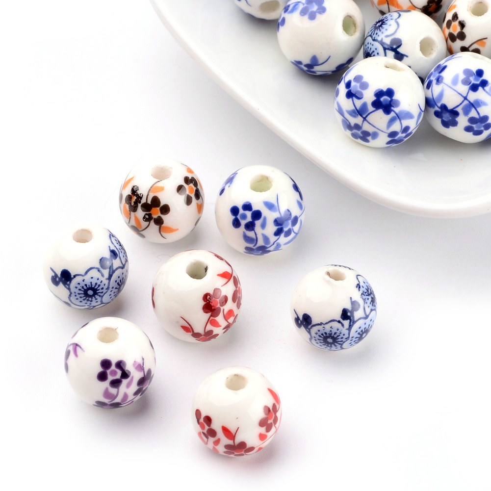 20pcs Unique Handmade Porcelain Beads Round Flower Printed Loose Craft Bead 12mm