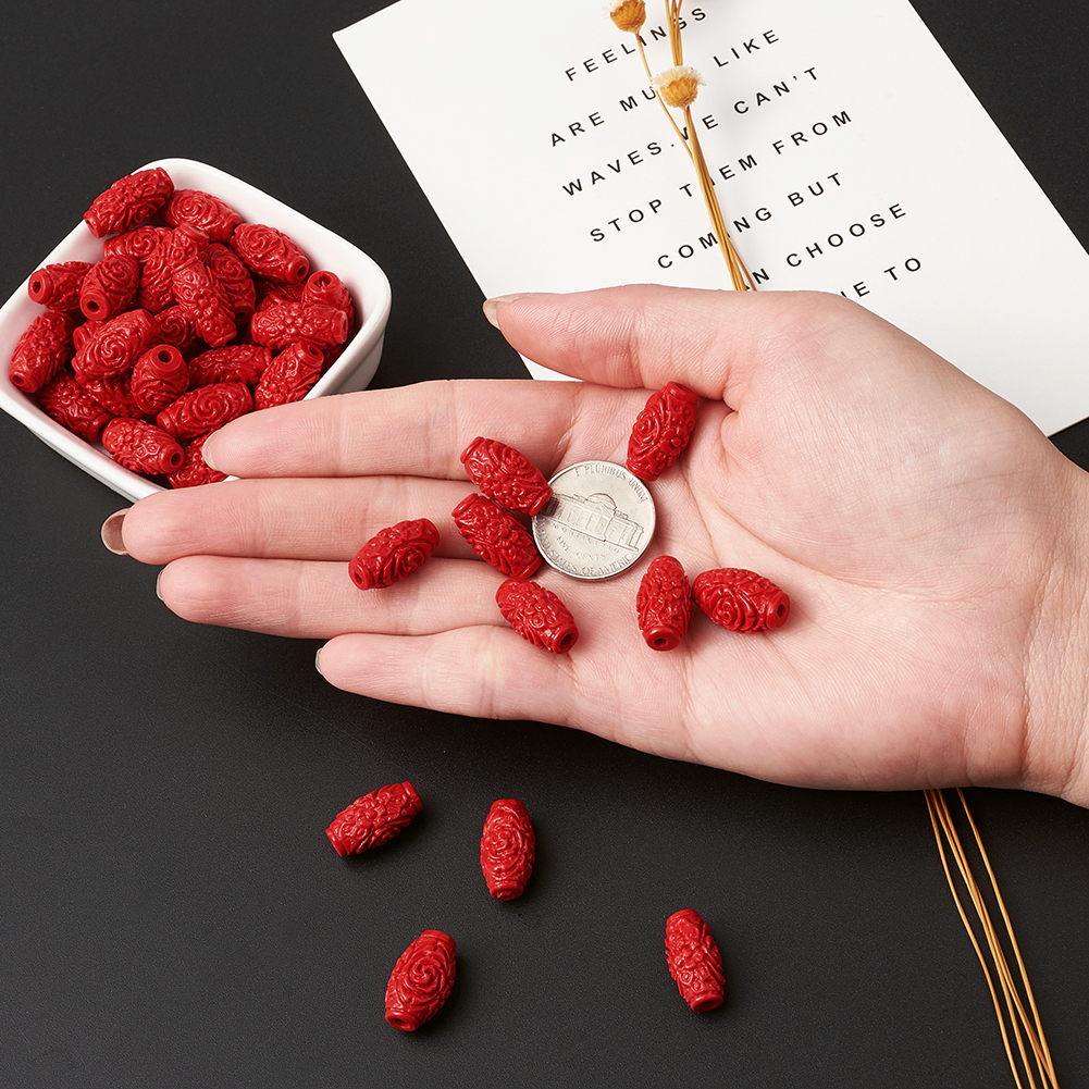50pcs Unique Resin Cinnabar Beads Barrel Carved Loose Spacers FireBrick 17.5mm