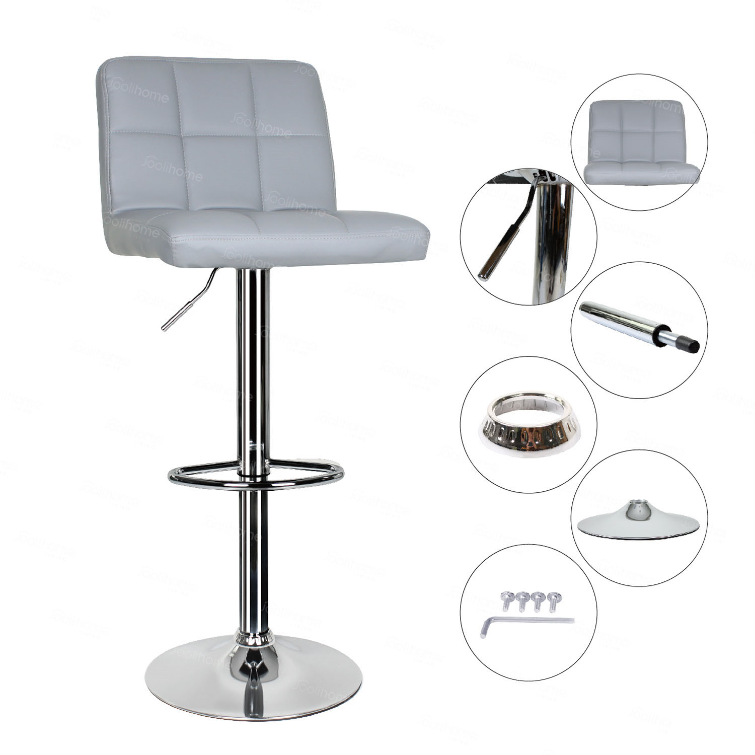 2 × Bar Stools Grey PU Leather Gas Lift Swivel Kitchen Breakfast