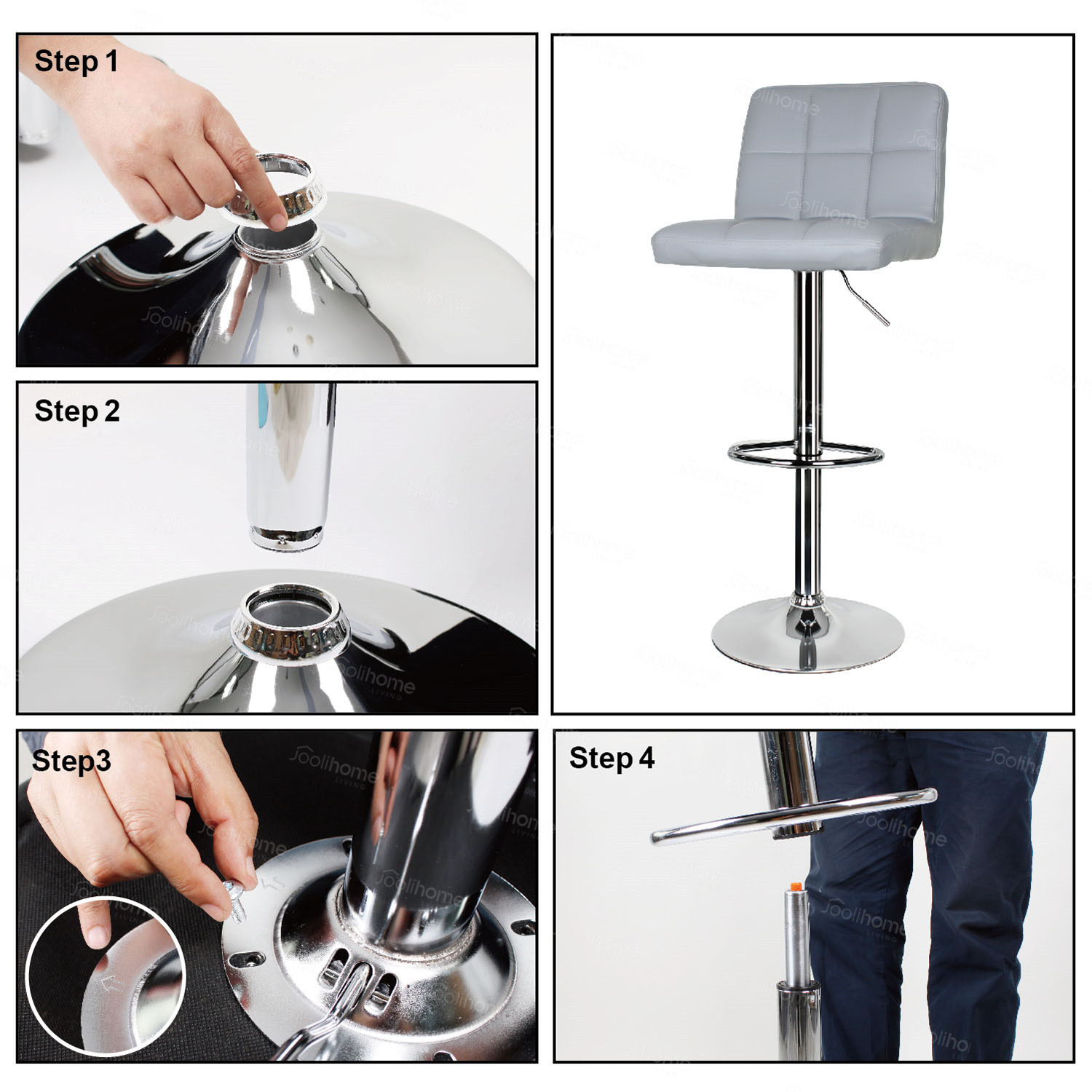 2 × Bar Stools Grey PU Leather Gas Lift Swivel Kitchen Breakfast