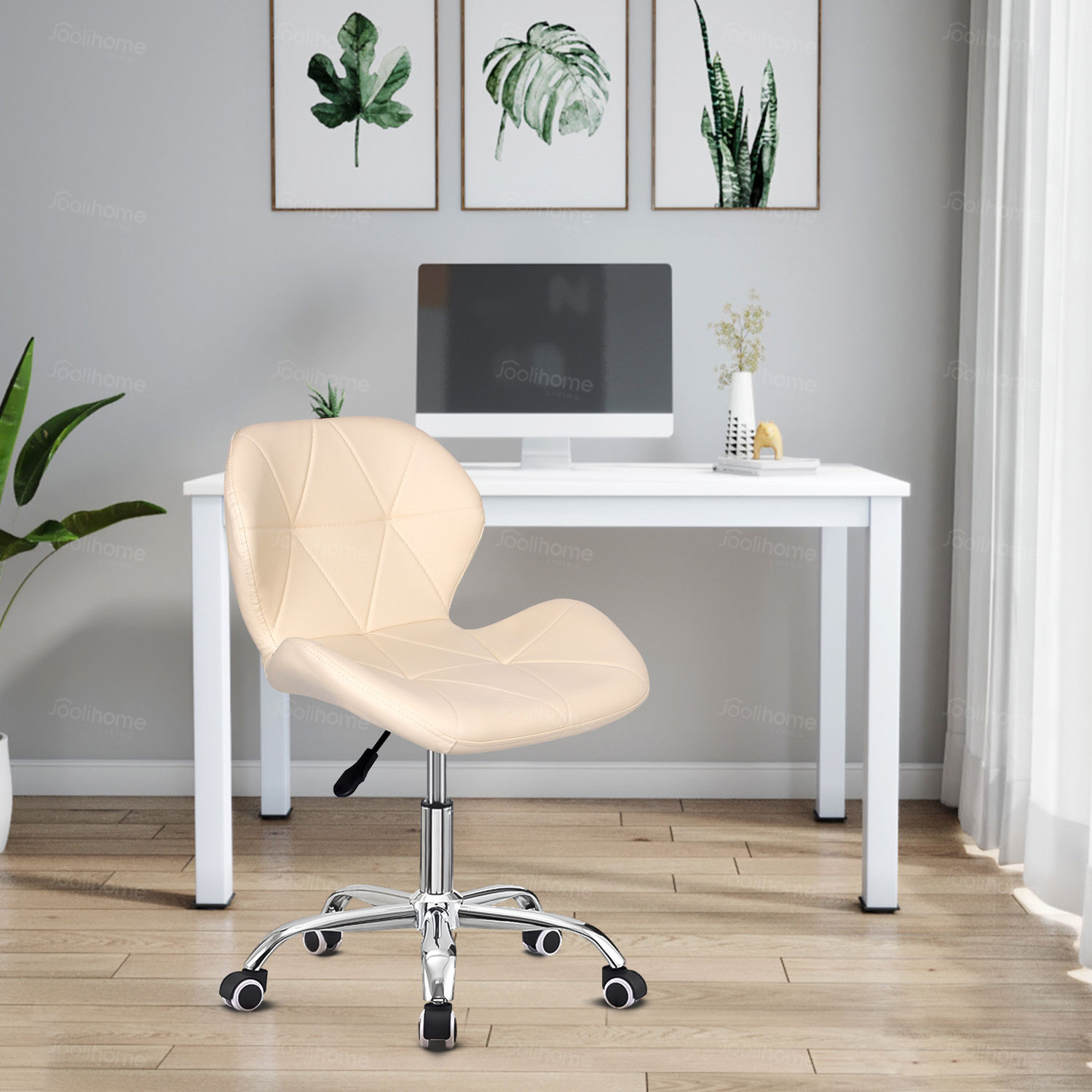 Cushioned Cream Computer Desk Office Chair Pu Leather Swivel