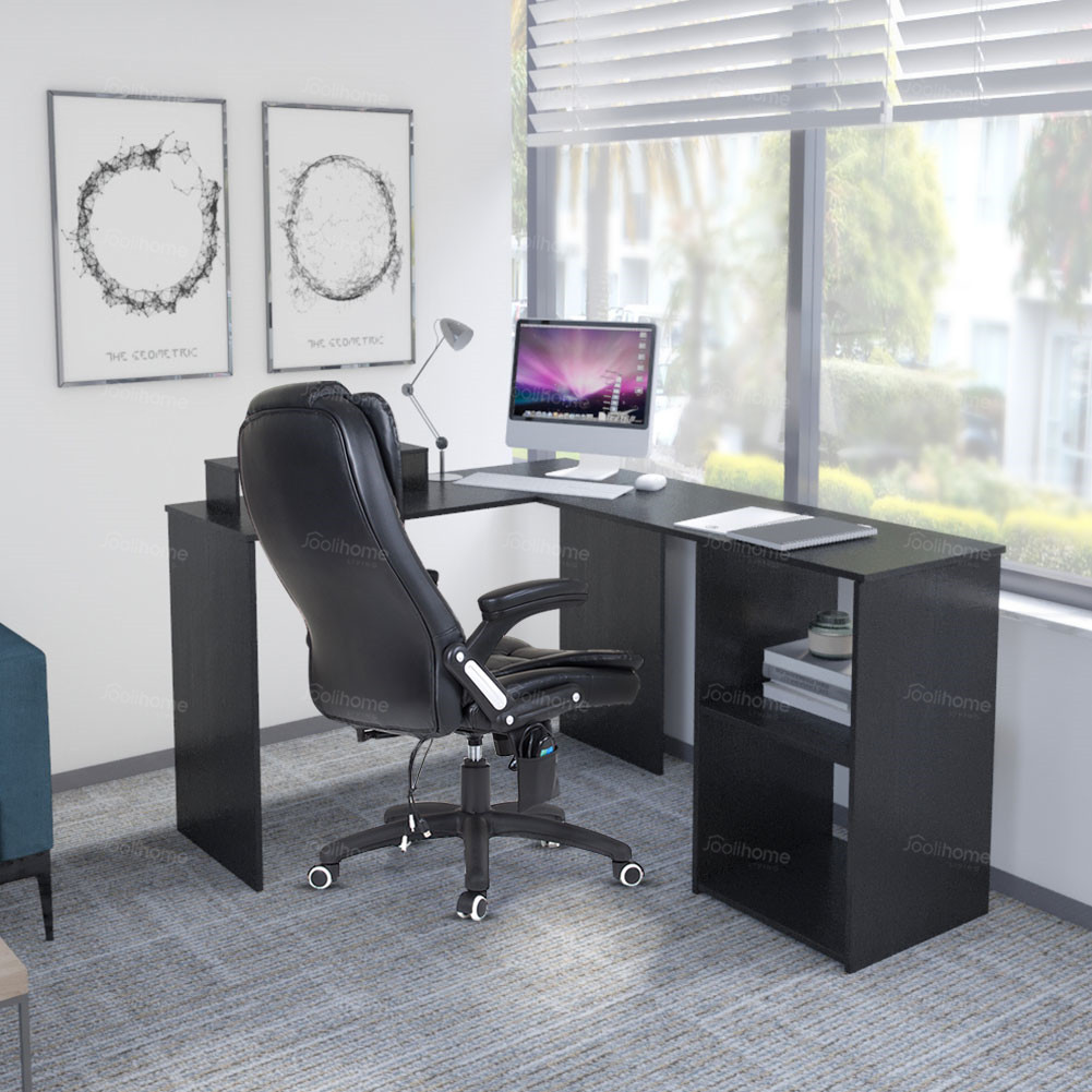 Details About L Shaped Pc Computer Desk Bookcase Storage Shelf Office Workstation Table Black