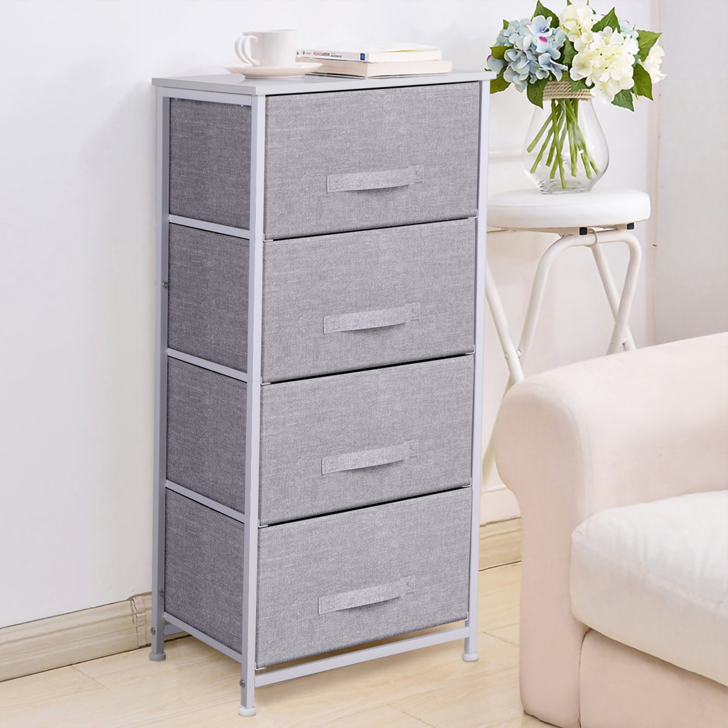 Fabric Storage Unit Cabinet End Side Table w/ 4 Drawers Bedroom Hallway ...