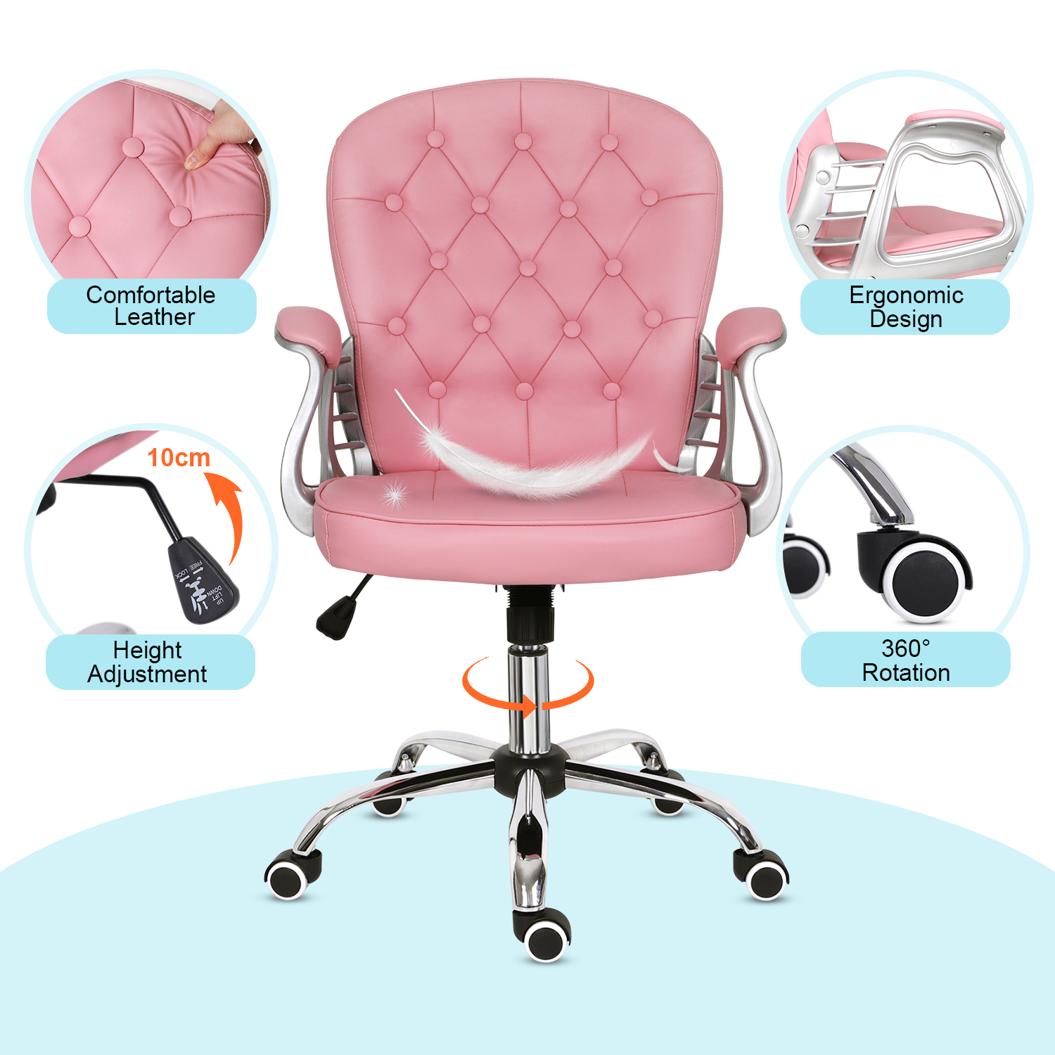 Pink Desk chair Leather Office Chair with Mid Back Padded Computer