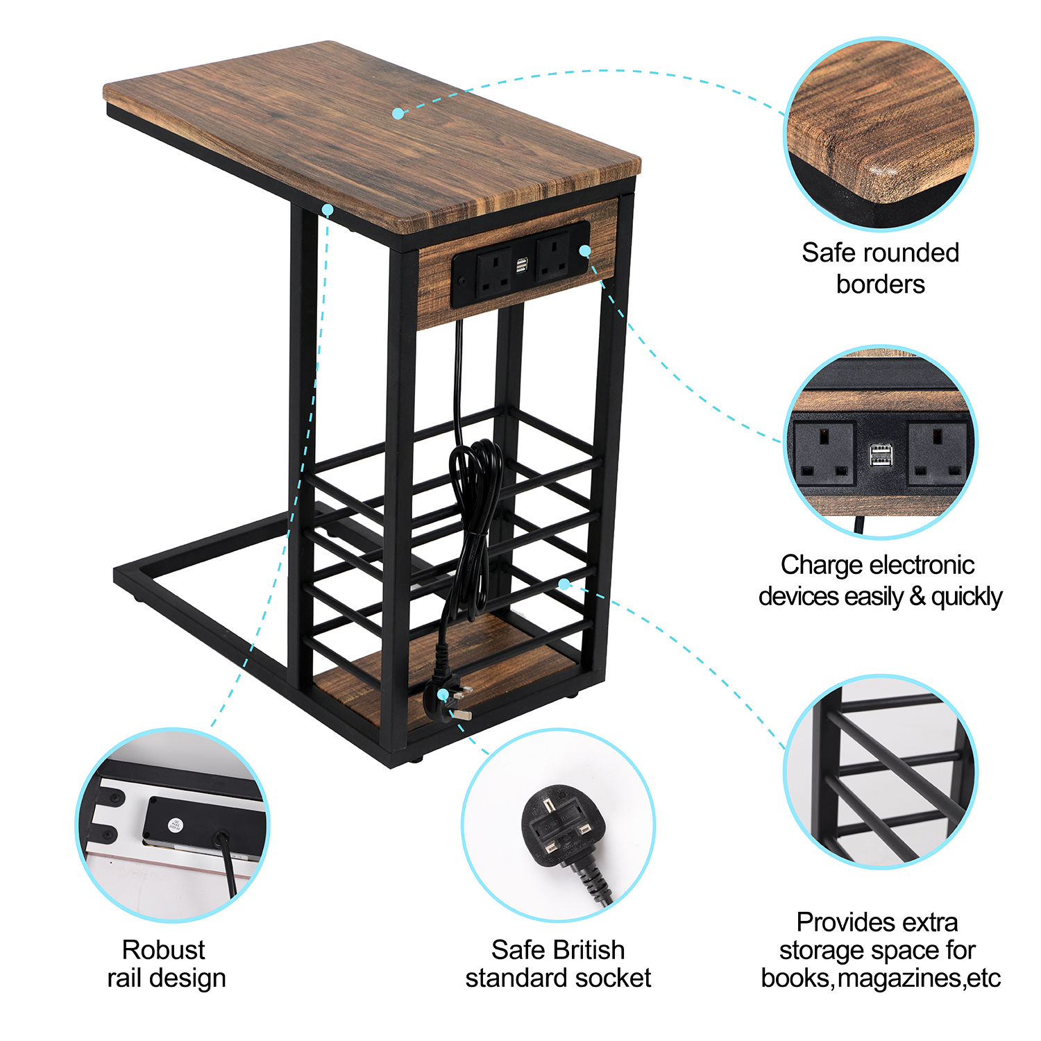 Bedside Sofa Side End Table Coffee Laptop Table with USB Ports Socket Wood Metal Bedside Sofa Side End Table Coffee Laptop Table with USB Ports Socket Wood Metal