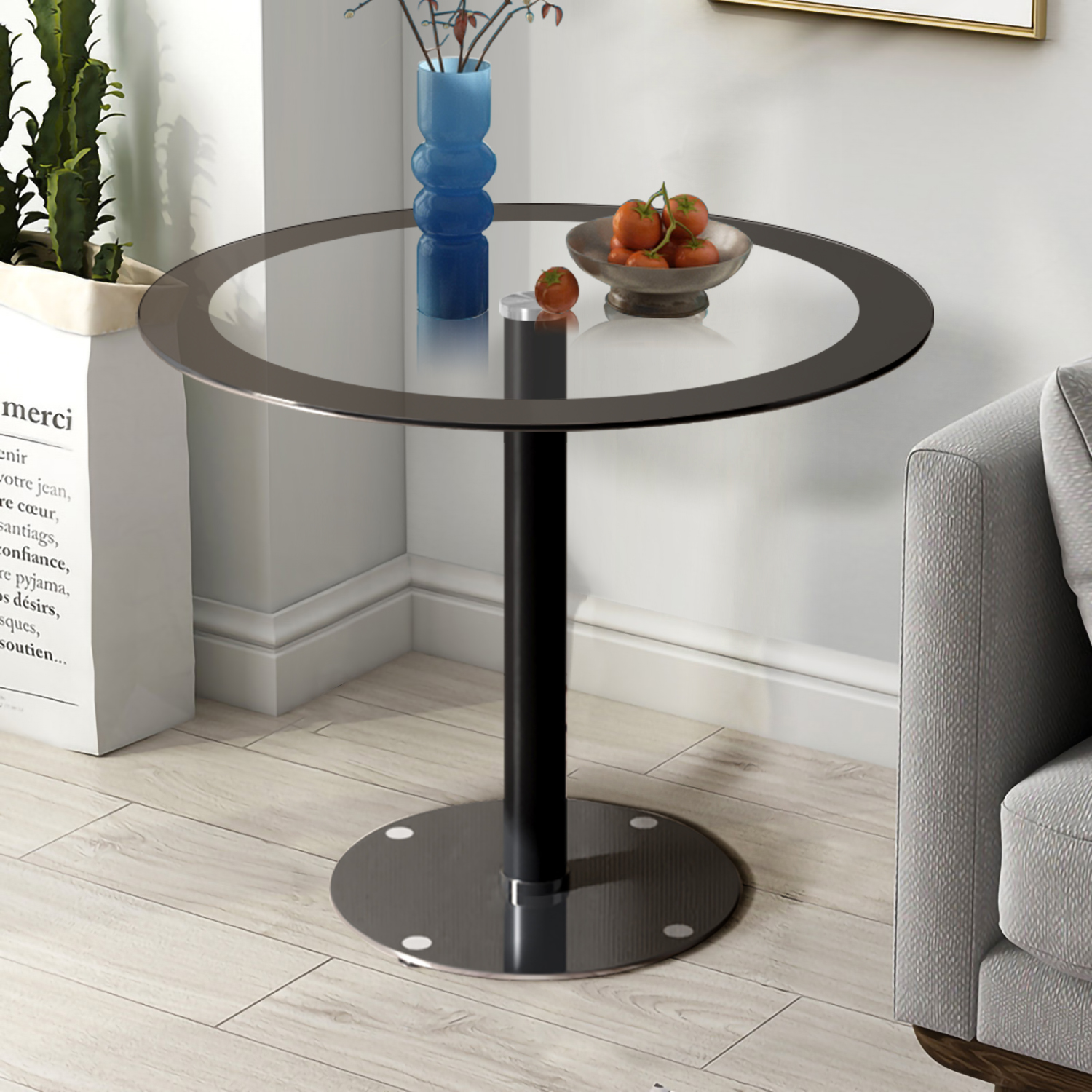 Round Black Dining Table Metal Legs Tempered Glass Office Coffee Lounge