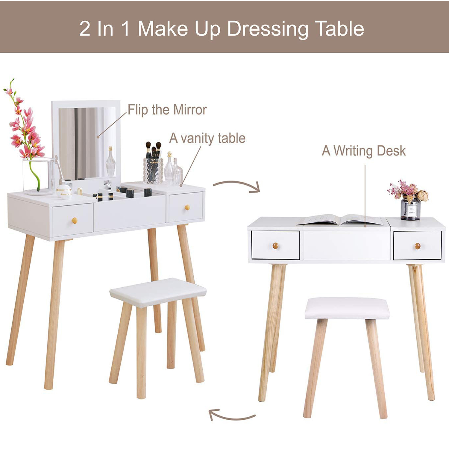 Classic Dressing Table Stool Set W/Lifting Mirror/2 Drawers/Storage ...