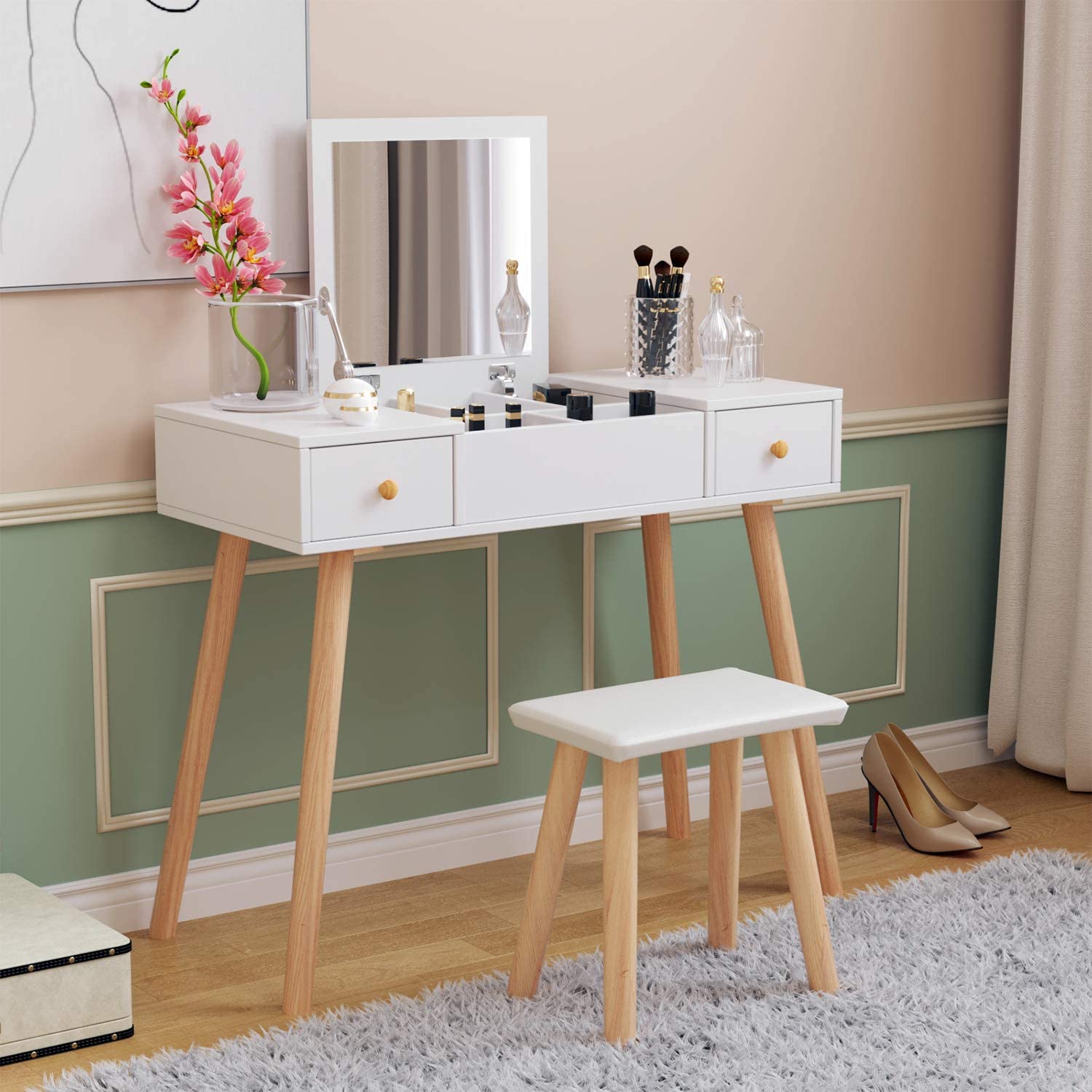 White Foldable Makeup Mirror Dressing Table Stool Set Office Desk Drawer Storage Ebay