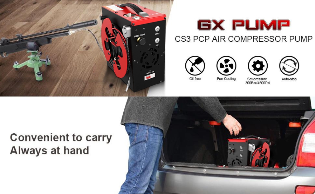 CS3 PCP Air Compressor, Auto-Stop,Oil-Free, Built-in Water-Oil Separator  Filter, Powered by Car 12V DC or Home 110V AC