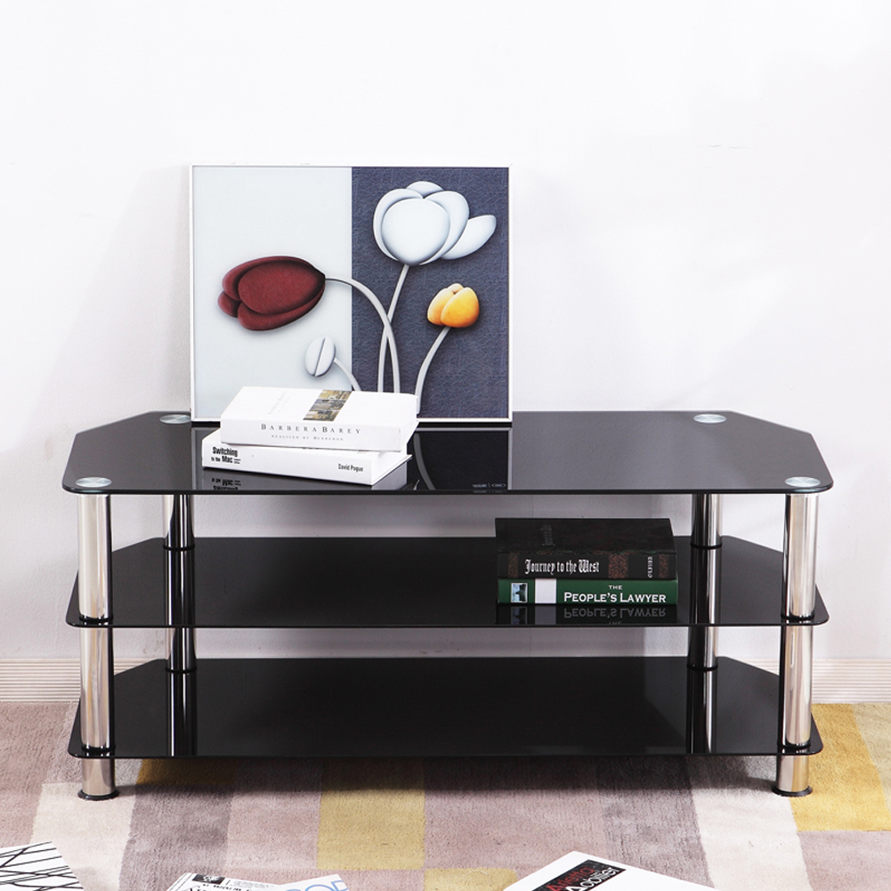 Details About 3 Tier Glass Corner Tv Stand Black Television Media For Screen 25 55 Uk