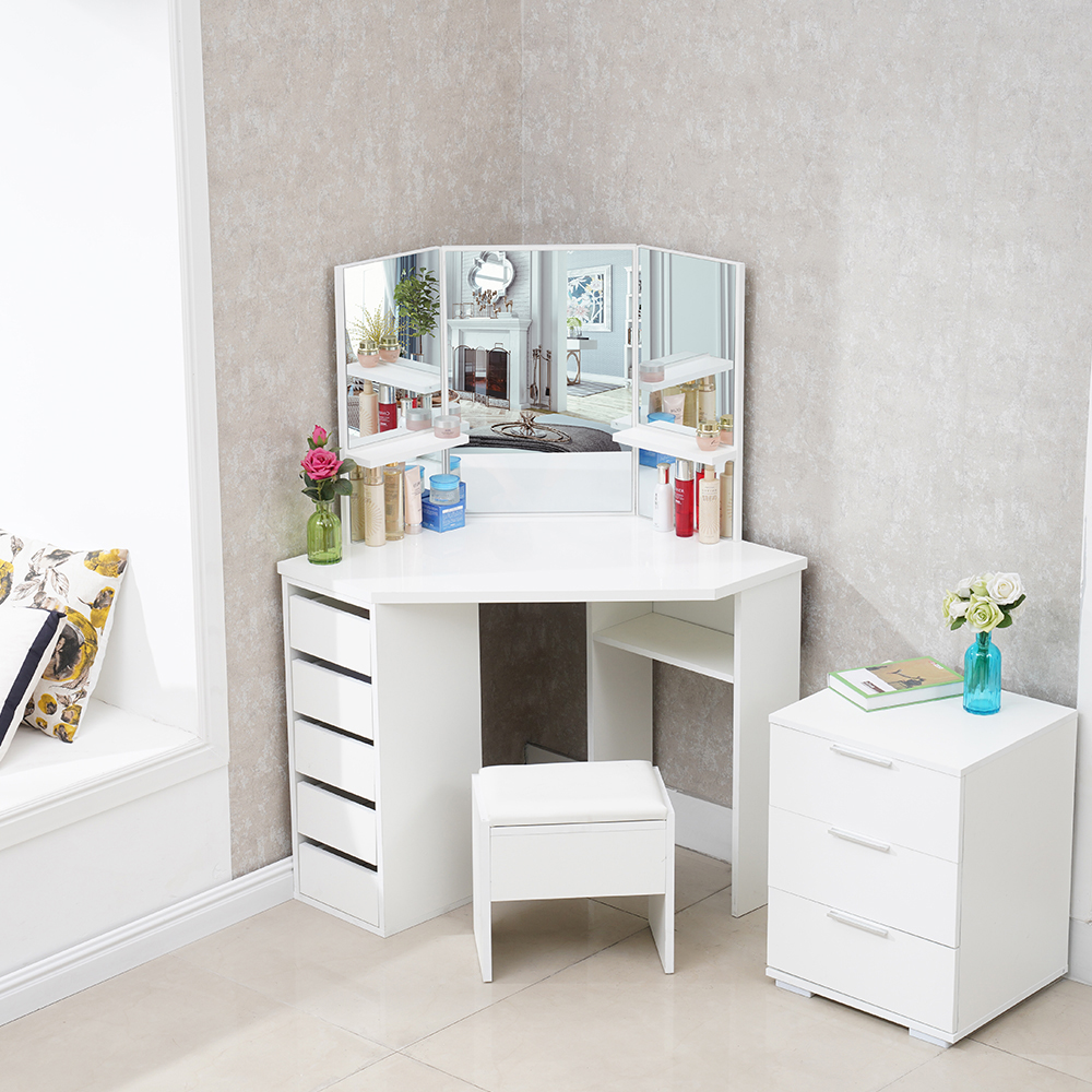 White Wood Corner Dressing Table Corner Makeup Desk 5