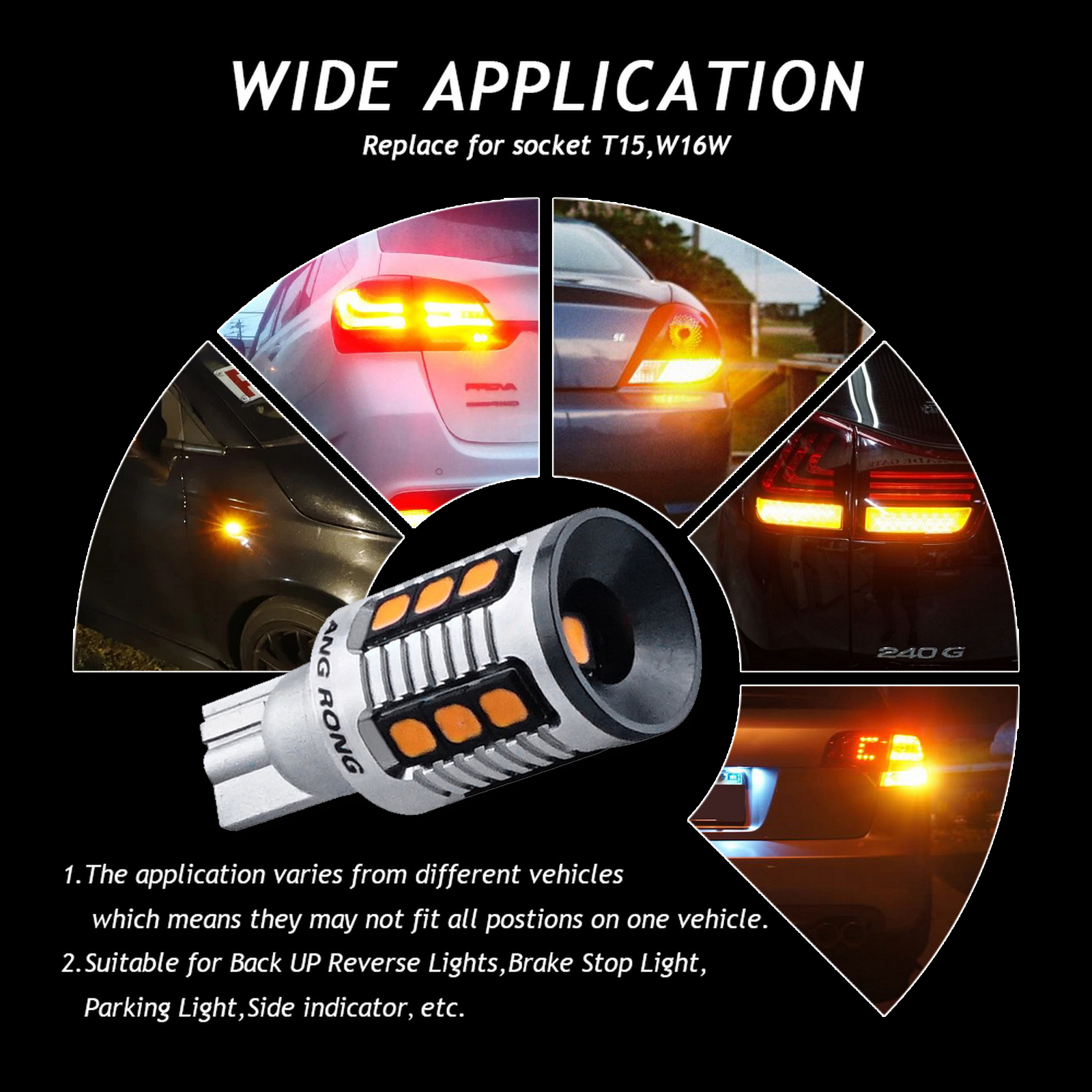 thumbnail image 2 of 2 X T15 W16W Amber LED Bulbs – 12V DC, Canbus, 450LM, Turn Signal & Reverse Lights 2 of 4
