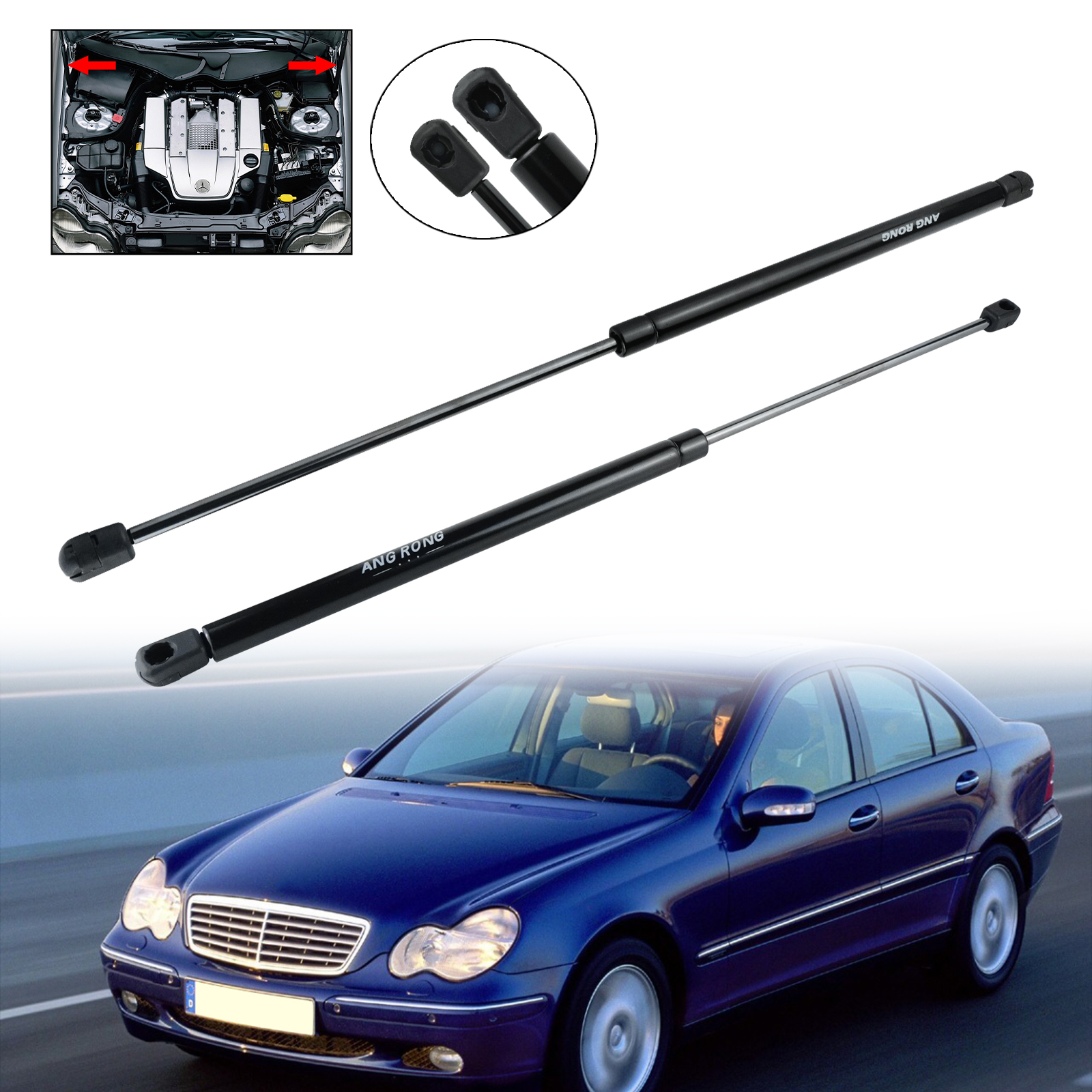 2x Gas Bonnet Struts For Mercedes-Benz W203 / CL203 / A209 – 550mm, 280N – Without Housing (Reuse Original Tube)