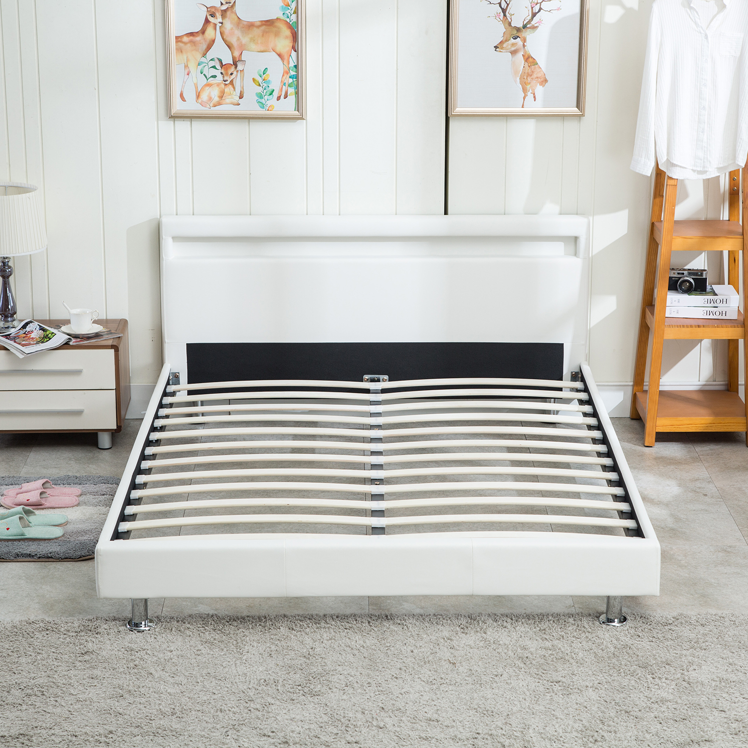 Details About Platform Modern Bedroom Bed Wooden Slat W Led Light Bed Headboard Queen Size