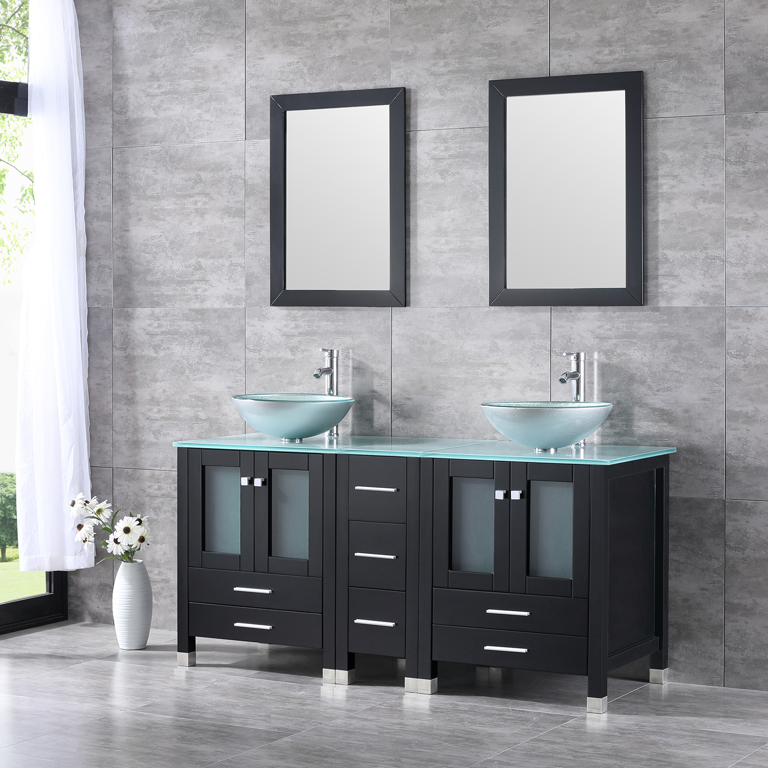 vanity bathroom glass round double sink mirror cabinet 60inch plywood inch