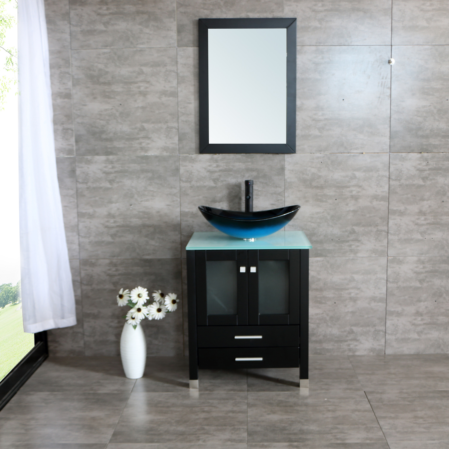 Bathroom Vanity 24" Plywood Cabinet Scalloped Glass Vessel ...