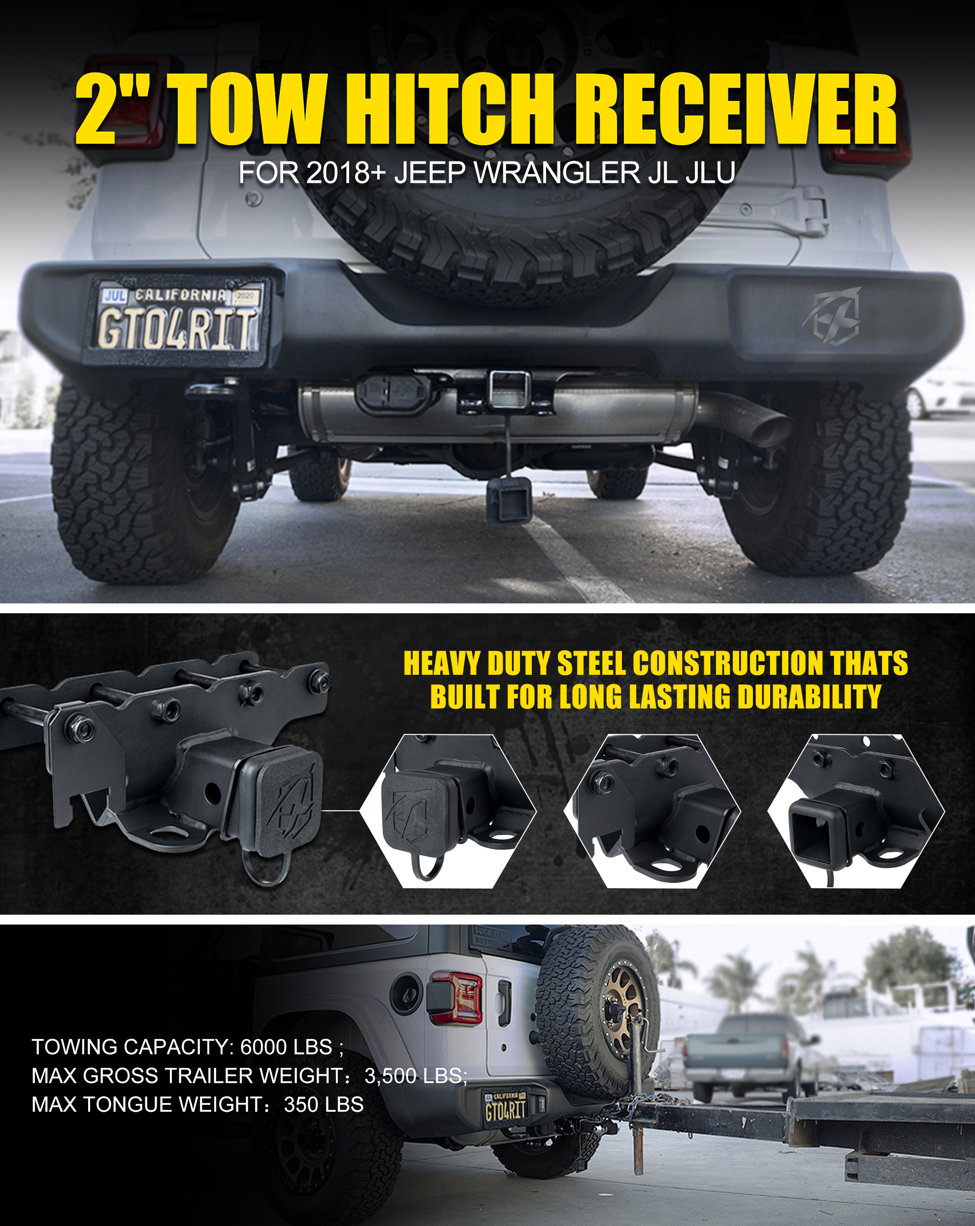 Xprite 2 Inch Towing Trailer Hitch Receiver with Hitch Cover for 2018-2020 Jeep Wrangler JL//JLU 2 Door /& 4 Door