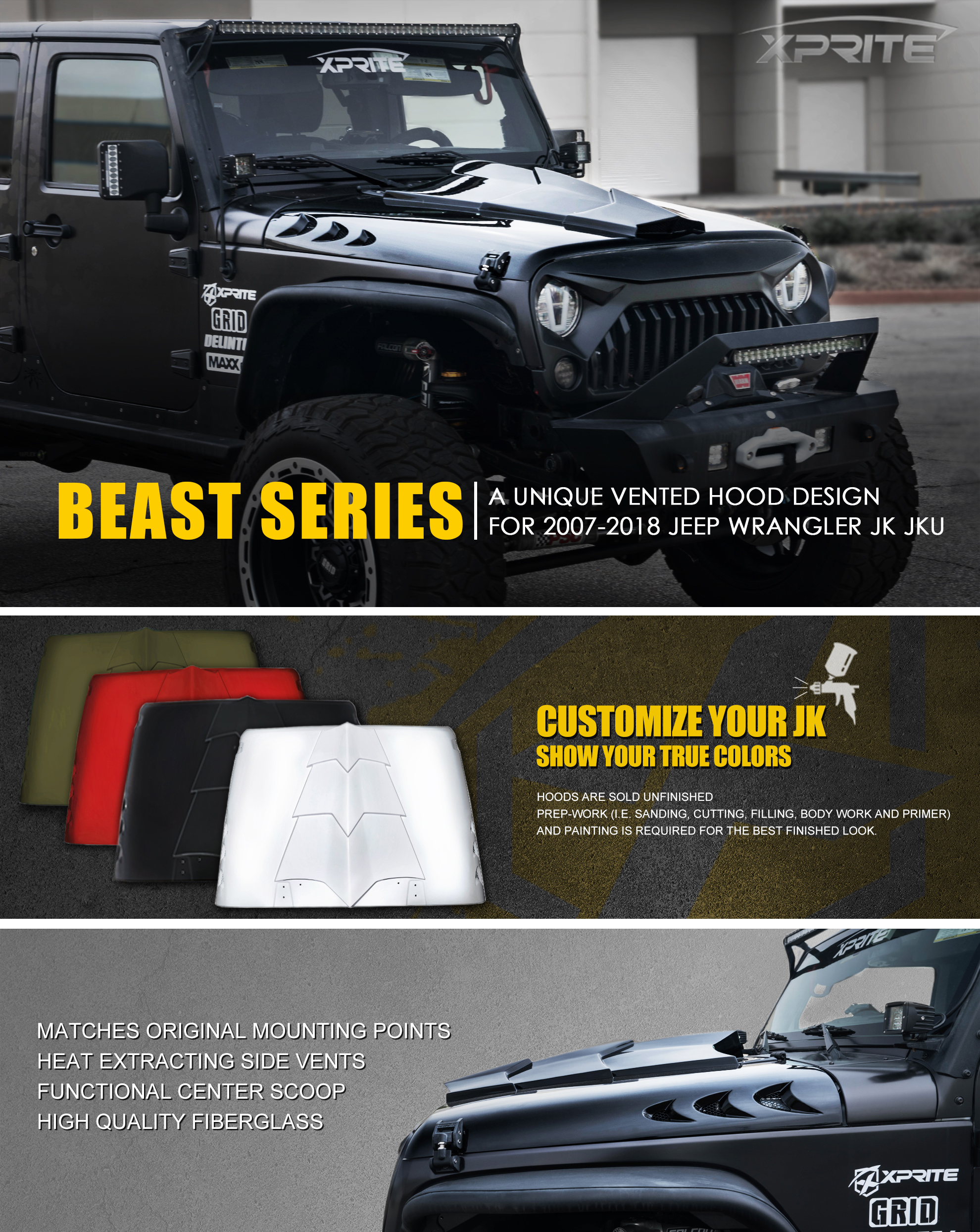 hood scoops ebay on Xprite T Rex Fiberglass Hood With Open Scoop For 2007 2018 Jeep Wrangler Jk Ebay