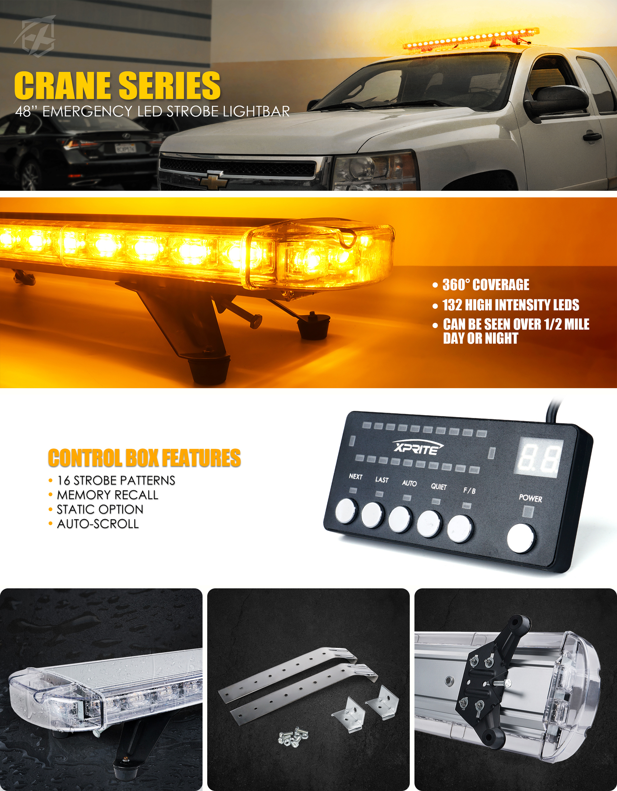 132 LED Amber Rooftop Strobe Light Bars 47inch Tow Truck Emergency Warning  Light
