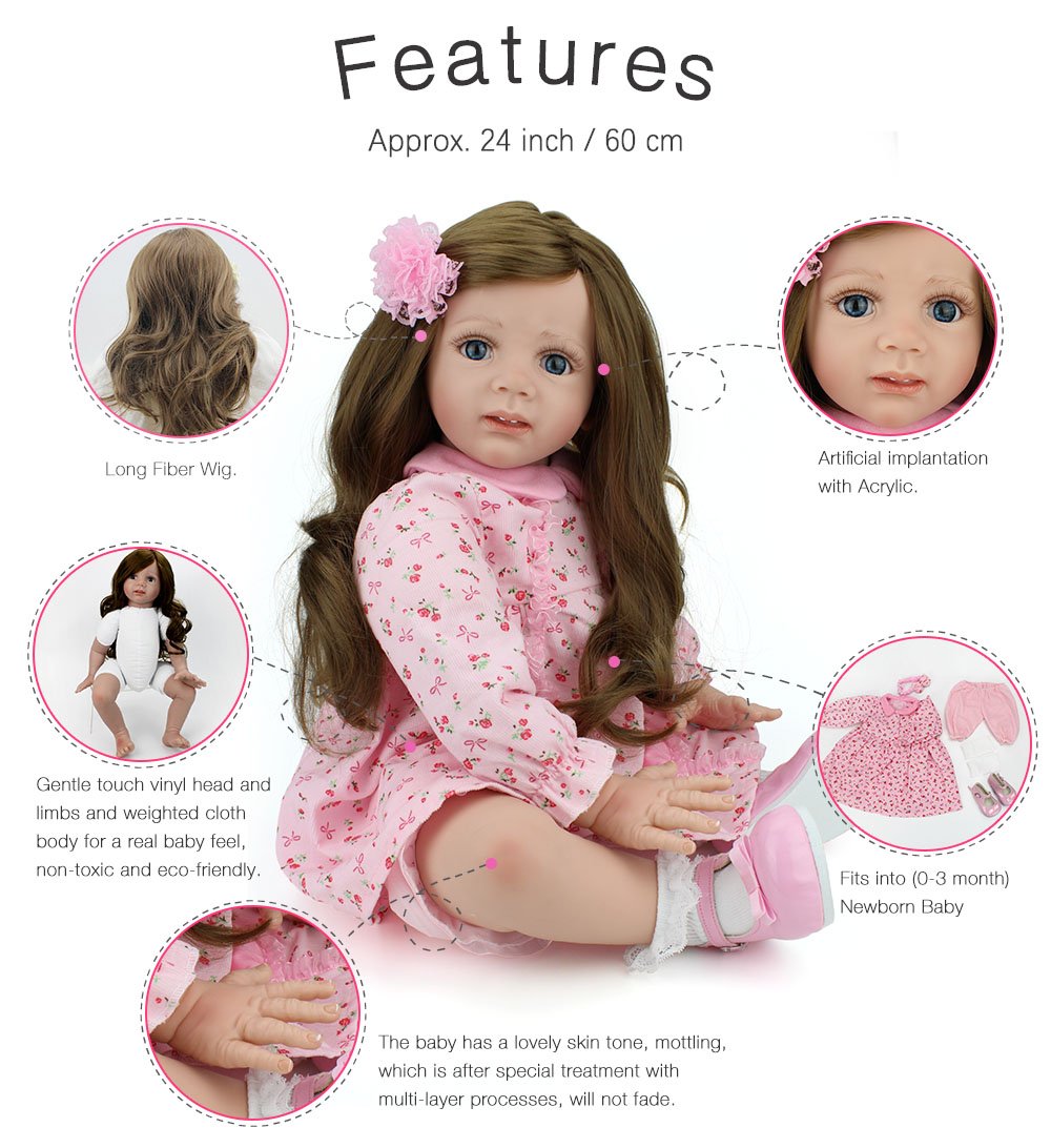 Reborn Baby Dolls 24 inch 60cm Handmade Soft Silicone Vinyl Princess Toddler