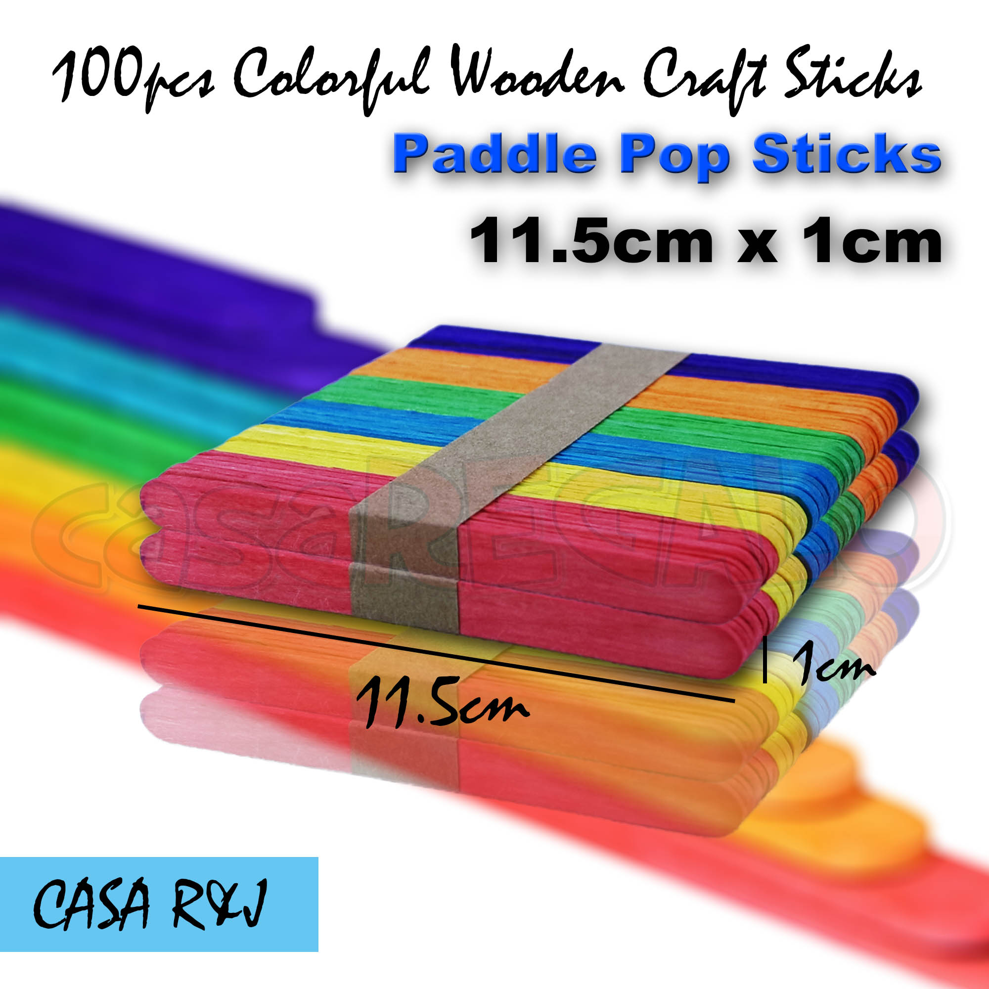 100 pc Coloured Wooden Craft Sticks Paddle Pop Sticks Ice Cream 11.5cm