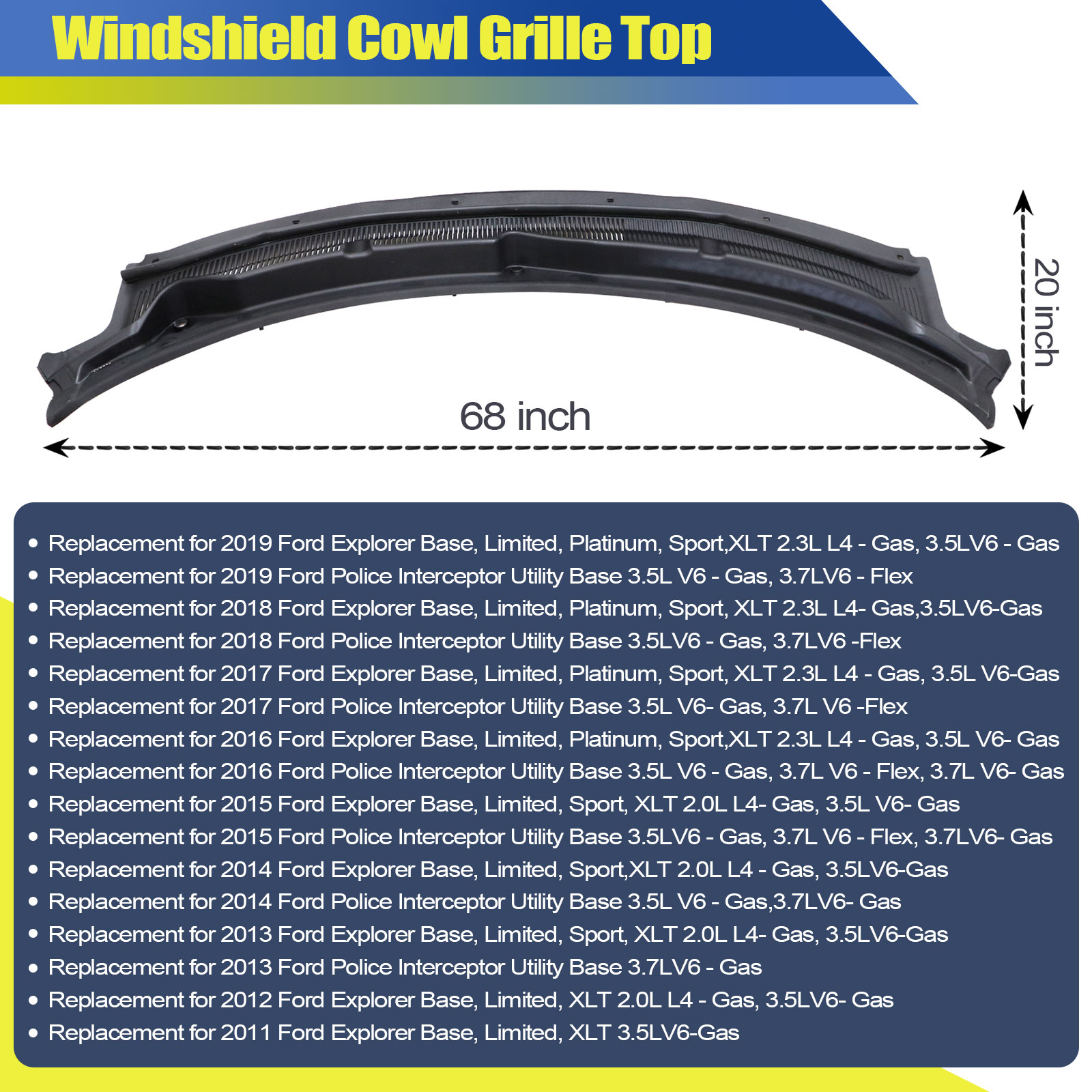 Fits For 2011-2019 Ford Explorer Windshield Cowl Grille Top