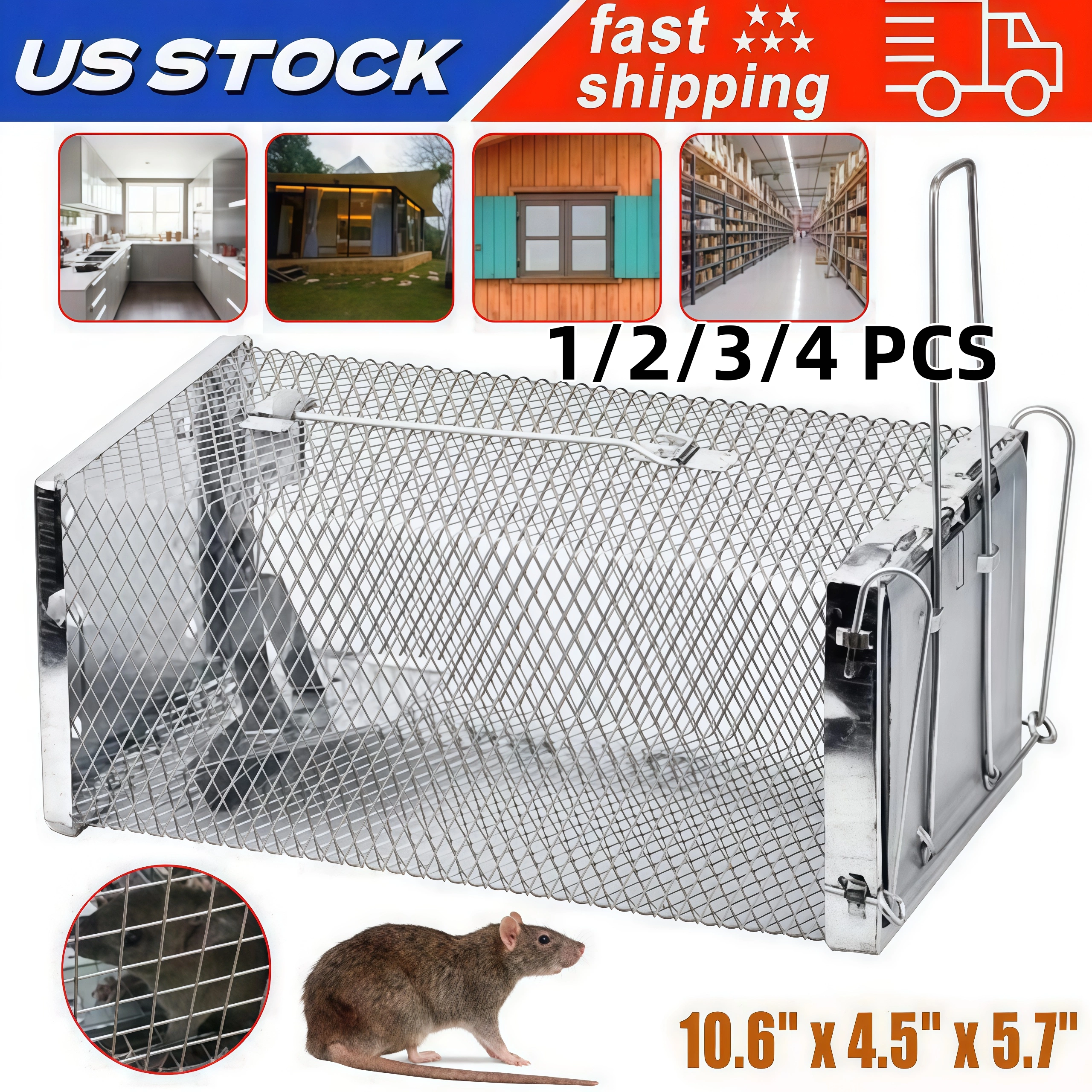 1-4Pack Mouse Trap Rat Trap Rodent Trap Live Catch Cage Easy to Set Up and Reuse