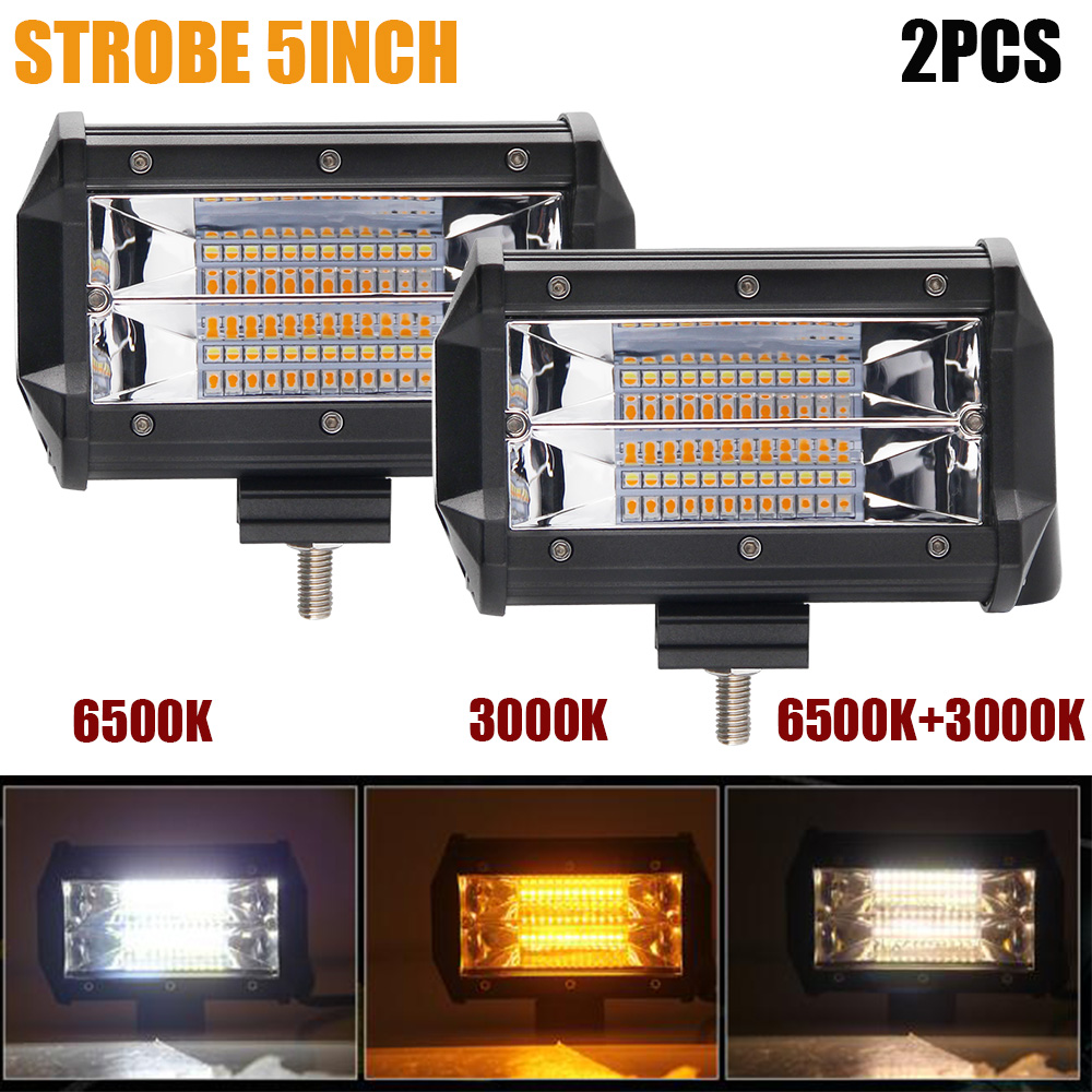 Pair 5" INCH 240W Pods Flood LED Work Light Strobe Flash White & Amber
