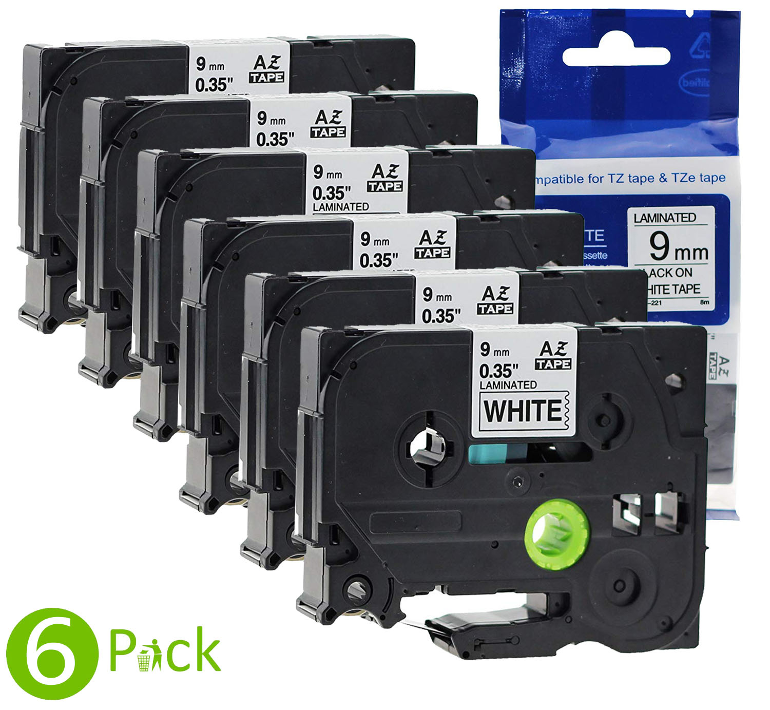 10 Schriftbänder kompatibel für Brother TZE-221 TZ-221 Schwarz auf Weiß 9mm 8m