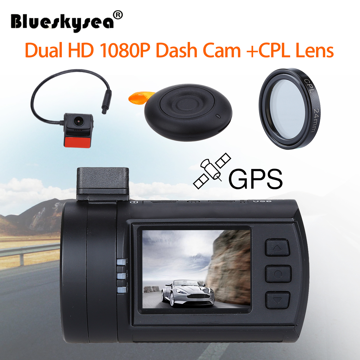 Mini 0906 Dual 1080P Lens Car Dash Camera GPS DVR Cam Remote Control+CPL Filter 