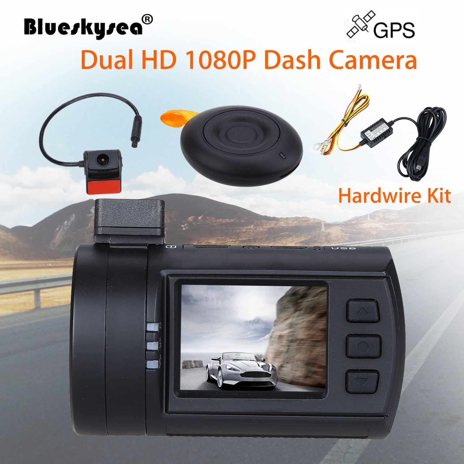 Blueskysea 0906 Dual 1080P Lens Car Dash Camera GPS DVR Cam +Hard Wire ...