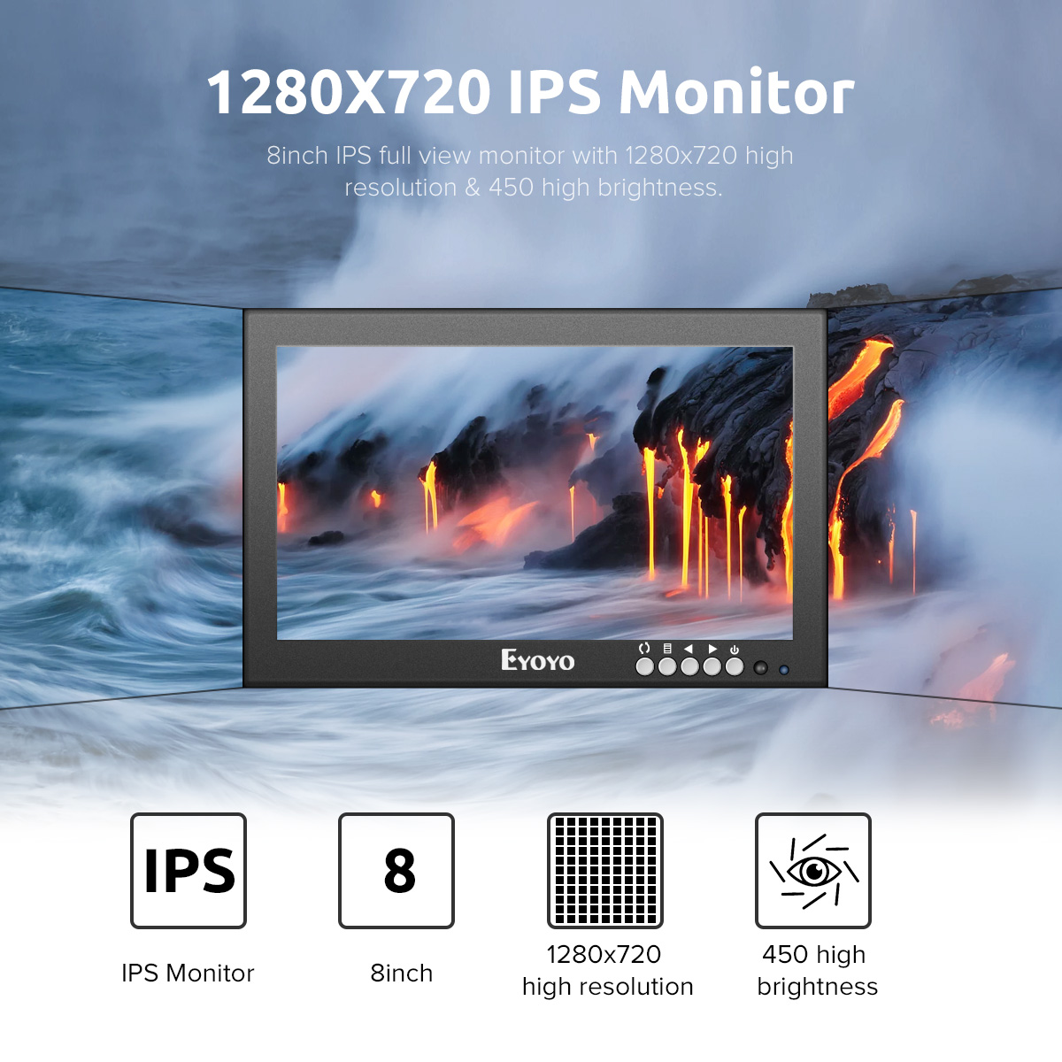 Eyoyo 8 inch Small HDMI LCD Monitor, Portable 1280x720 16:9 IPS Metal Housing Screen Support HDMI/VGA/AV/BNC Input