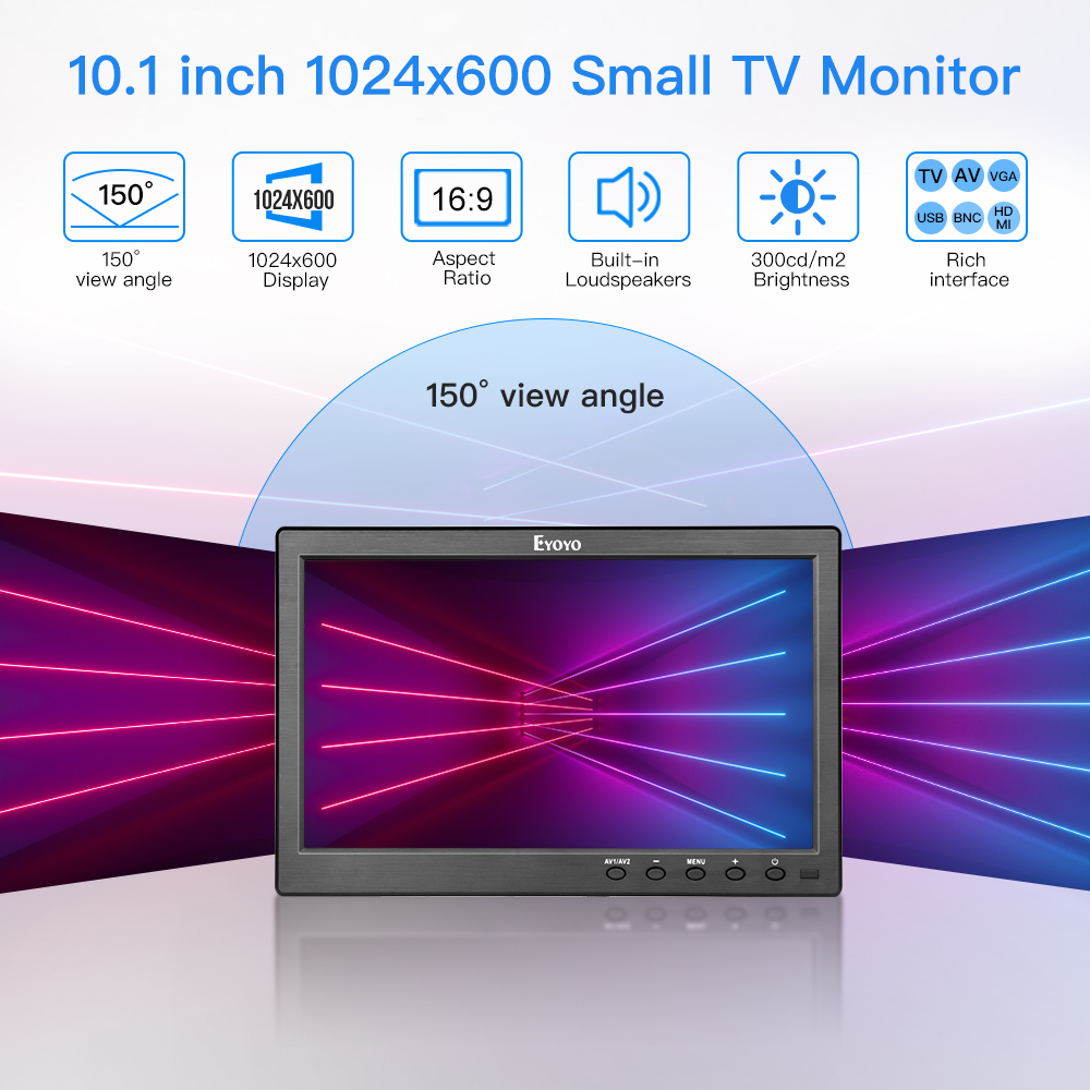 10" TV Monitor VGA/AV/USB Input 1024x600 Monitors for DVD PC CCTV