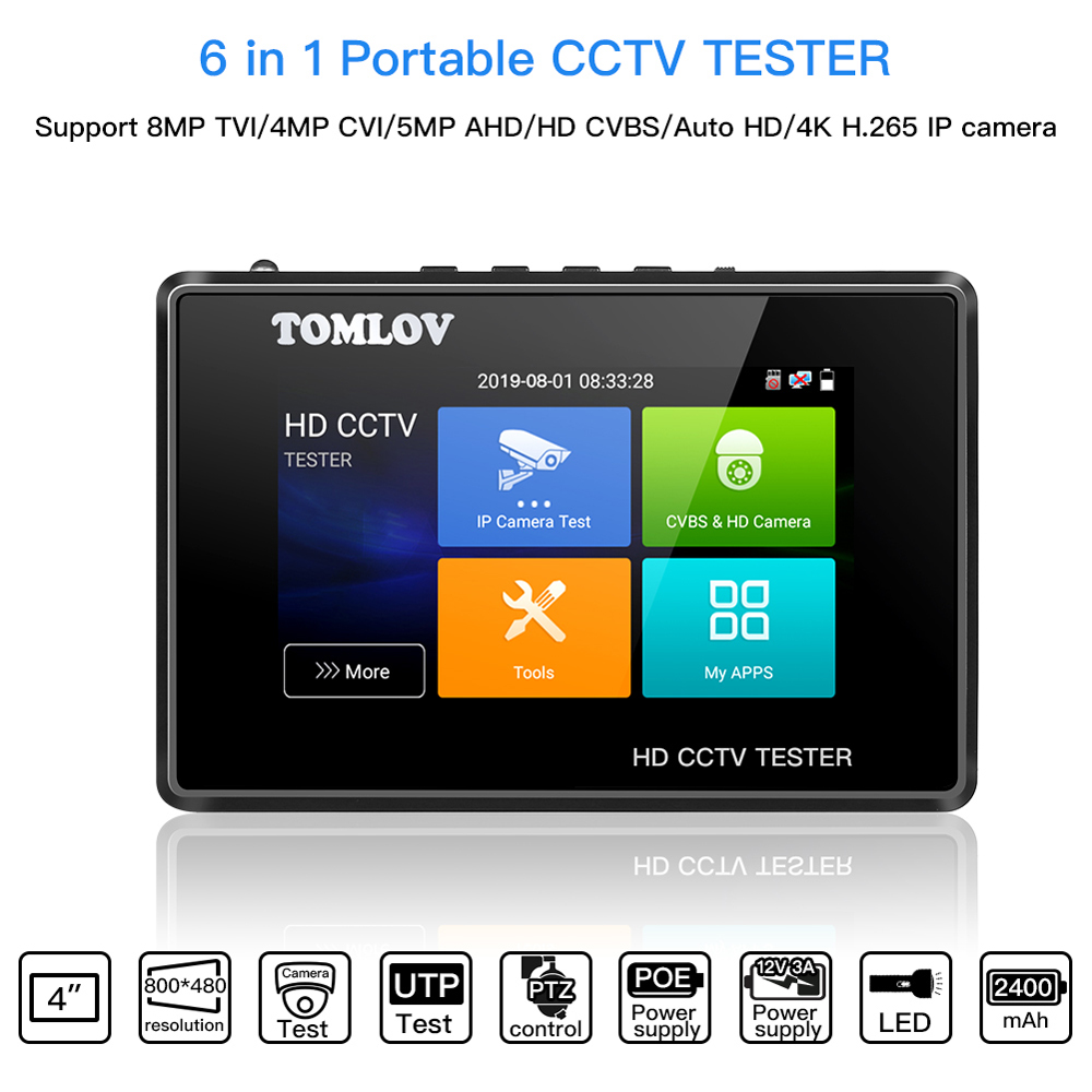 Tomlov CCTV Camera Tester 5 Inch IP Tester 4K Touch Screen H.265 IP CVBS CVI 
