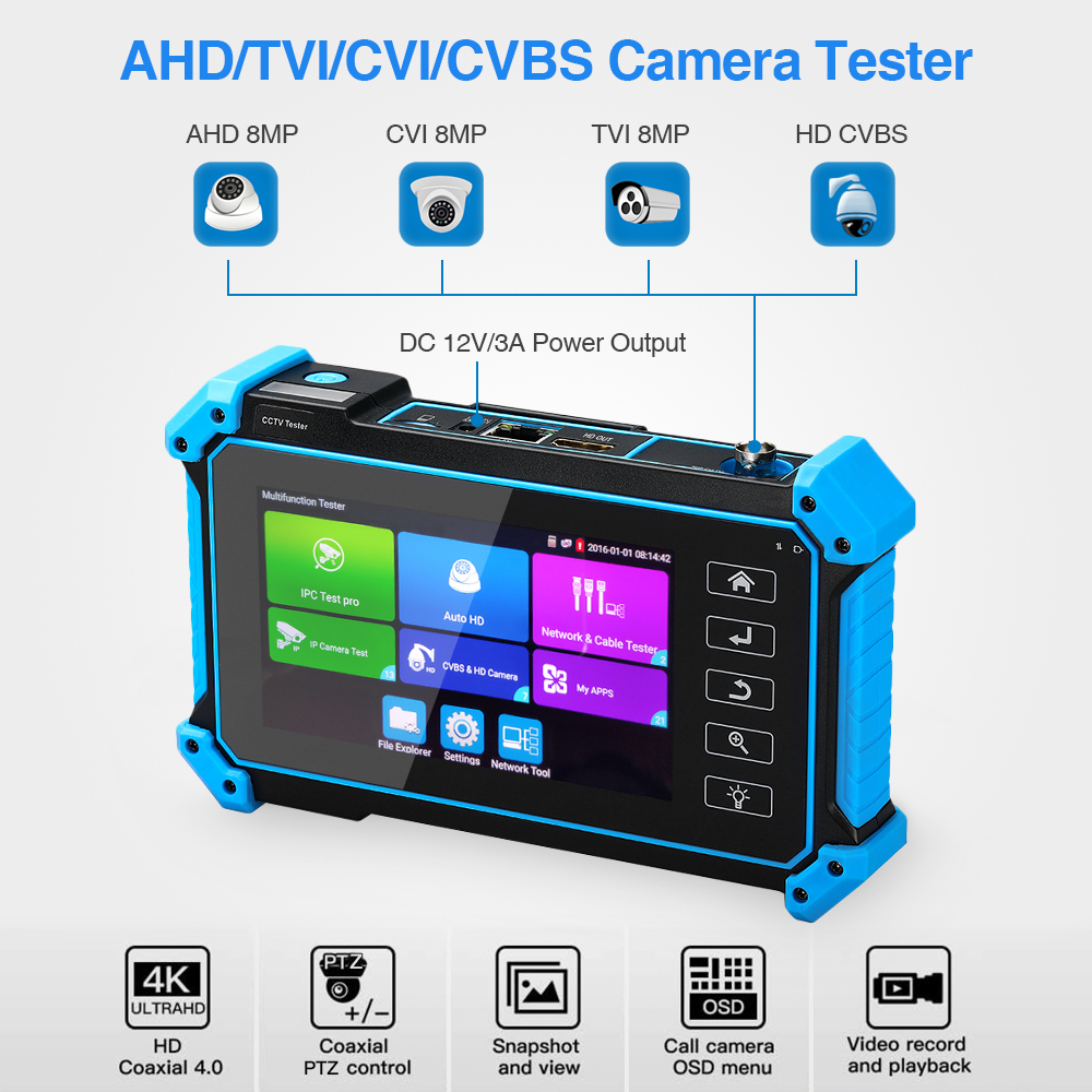 5 Inch 8MP IPC Camera Tester AHD CVI TVI CVBS POE PTZ Wire Tracer HD ...