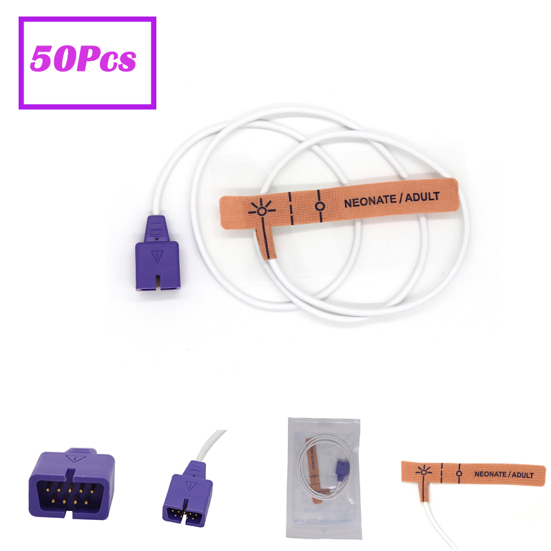 10-Pack Nellcor-Compatible Adult Disposable SpO2 Sensors (9-Pin) - Model DP078 By Alpta