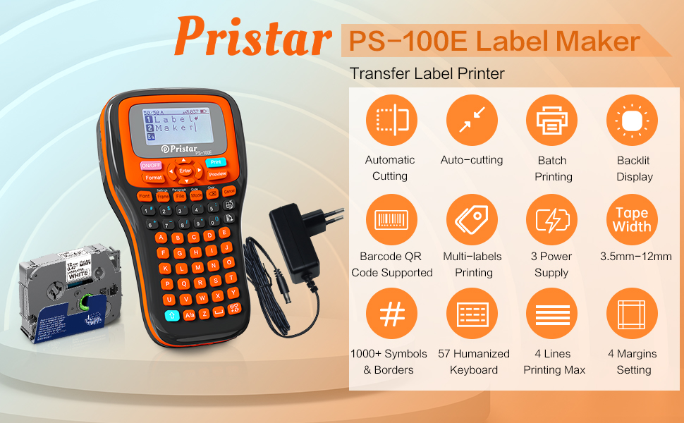 Pristar Auto-Cut PS-100E Portable Handheld Label Maker with 1 Pack Tape,  Thermal Transfer Printing, Rechargeable Label Printer with Keyboard for TZe