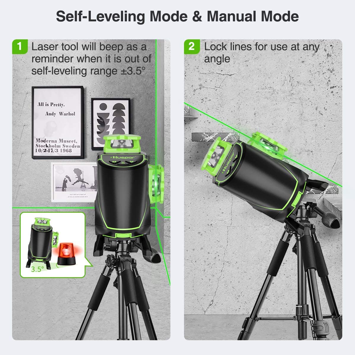 Huepar Laser Level Self Leveling 2x360°outdoor Bluetooth Green Beam Cross  Line for Construction and Picture with Pulse Mode, 360° Horizontal and