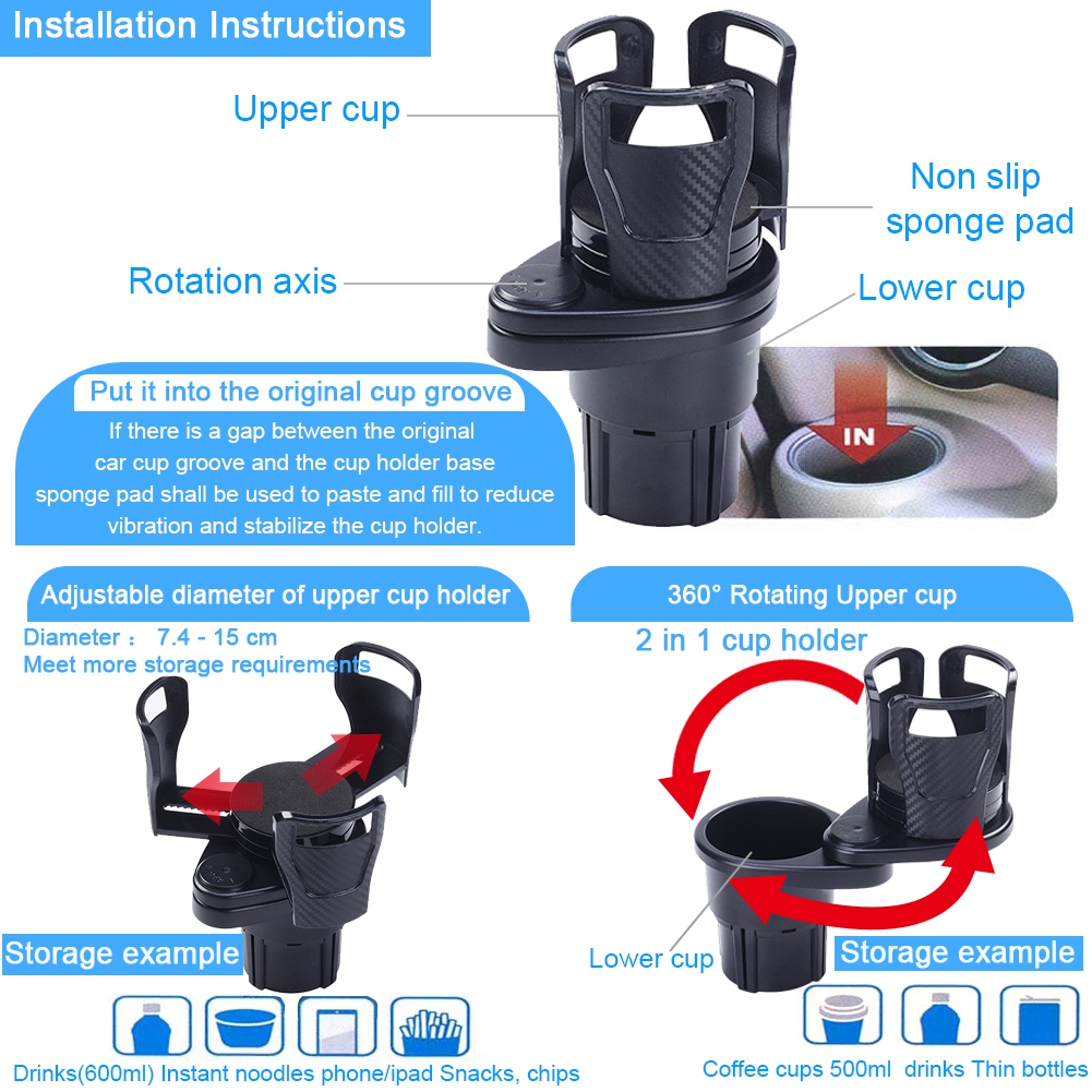 Auto 2 in 1 Dual Cup Mount Extender Holder 360°Rotating ...